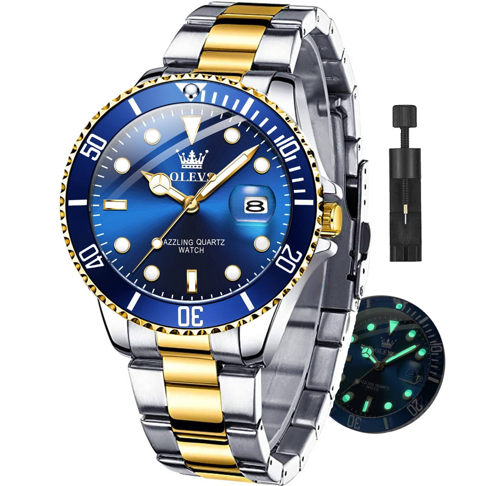 OLEVS Watches for Men with Date Luxury Big Face Waterproof Mens Wristwatch Analog Dress Two Tone Stainless Steel Man Watch Luminous Relojes De Hombre Calendar(Green/Blue/Black Dial, Gold Blue Men