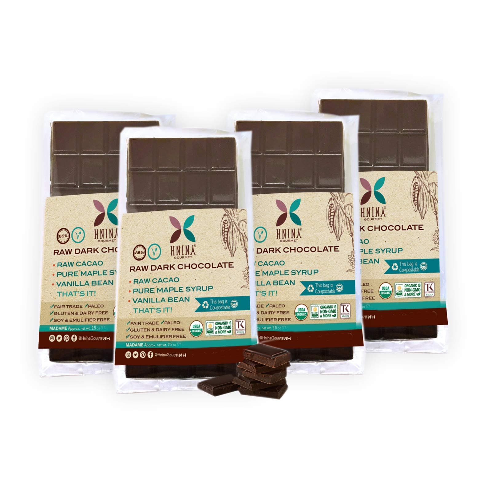 HNINA Gourmet Organic Raw 85% Dark Chocolate Bar with Pure Maple Syrup - Madame - 2.5 oz (70g) - 4-Pack