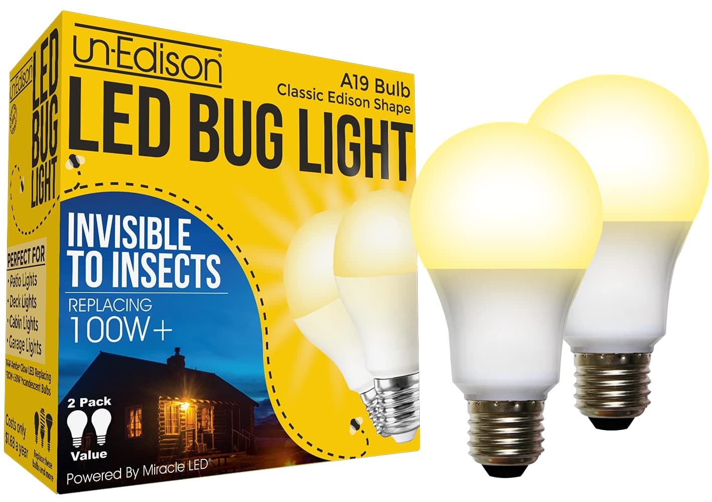 A19 LED Bug Light - Replaces 100W - Yellow Spectrum E26 Medium Outdoor Bulb for Porch Patio & Deck - Upgrade Your Old Painted Incandescent Bug Bulbs to Amber Glow 2-Pack