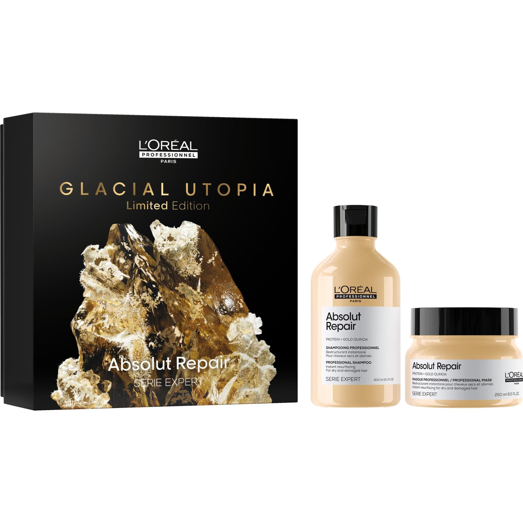 L’Oréal Professionnel│Absolut Repair Glacial Utopia Duo Set | Repairs & Hydrates Dry, Damaged Hair |With Gold Quino & Protein | SERIE EXPERT | Shampoo 300 ml & Mask 250ml