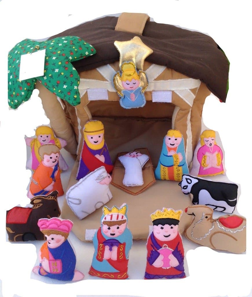 SOFTTOYS FABRIC NATIVITY HOUSE CHILDRENS MANGER PLAY SET WITH FINGER PUPPETS