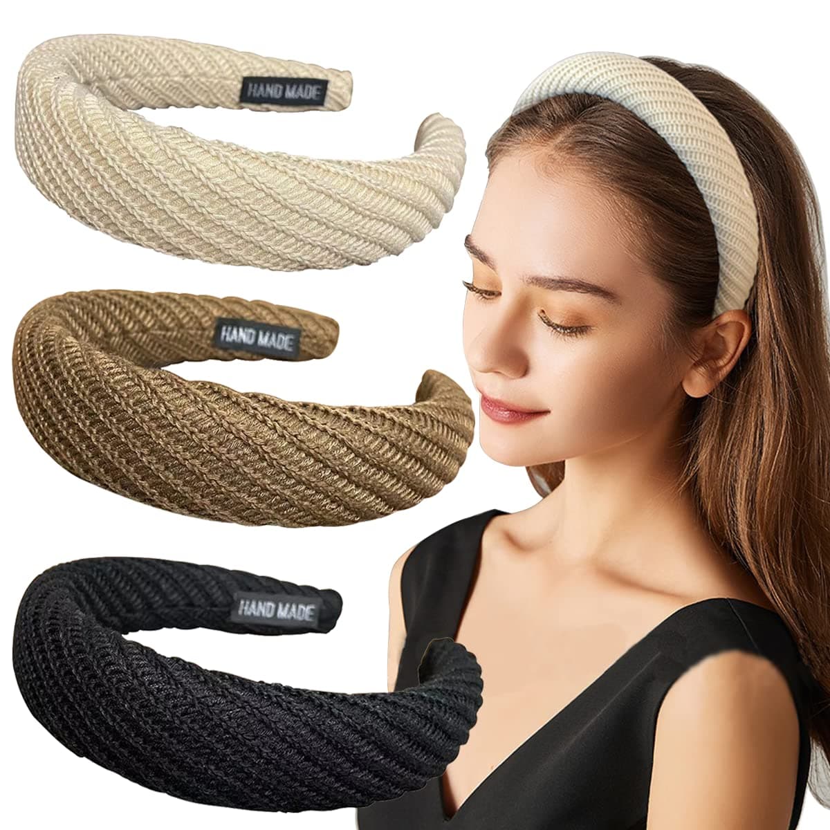SpringtimeSet of 3 Knitted Padded Headbands for Women Girls 1.2 inch Wide Solid Color Hairbands Hair Hoops for hair Black Brown Ivory