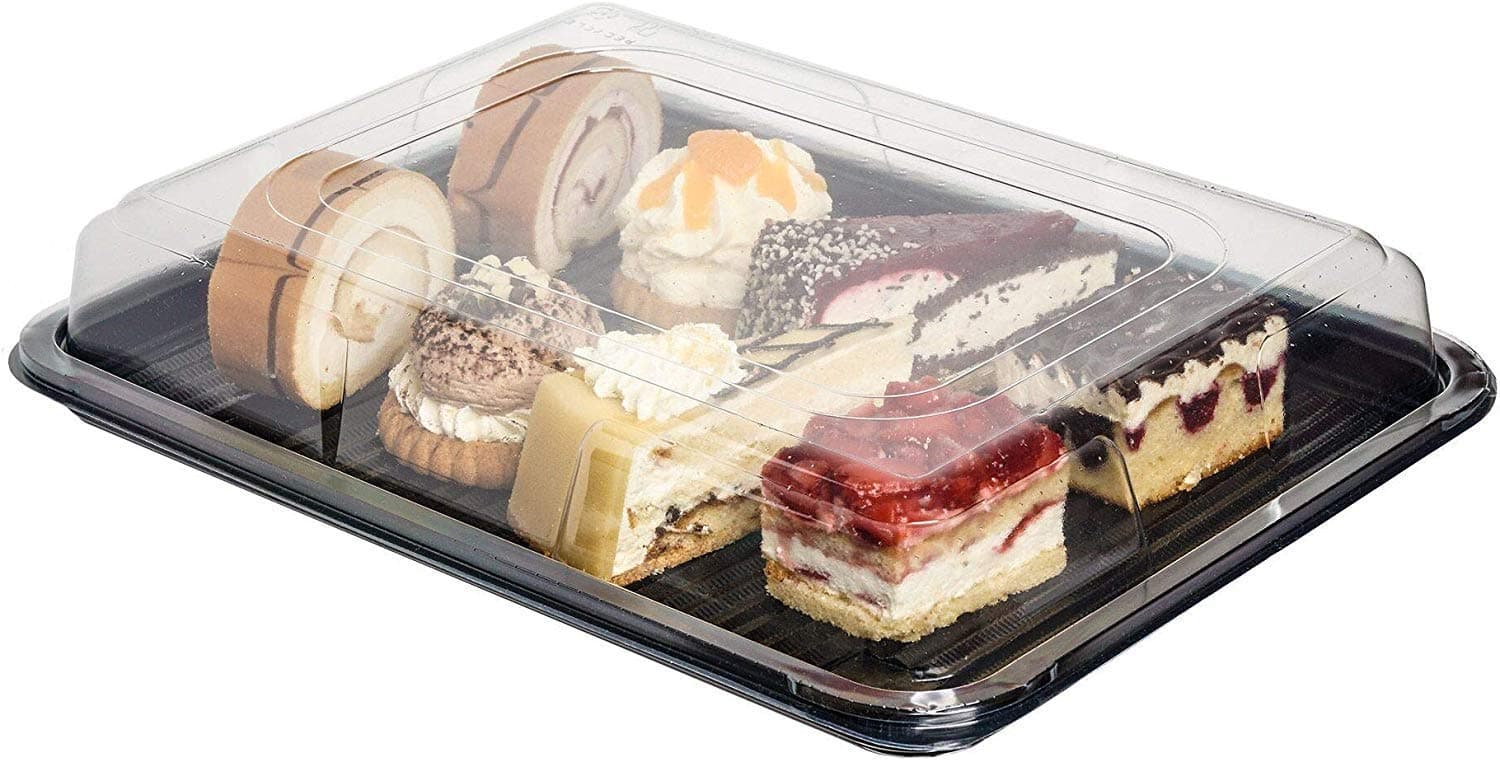 Euro Classic Pack of 5 Catering Recyclable Trays with Lids | Reusable Sandwich Platters with Lids | Buffet Platter ~ 390mm x 290mm ~ Clear Lids ~ Black Trays
