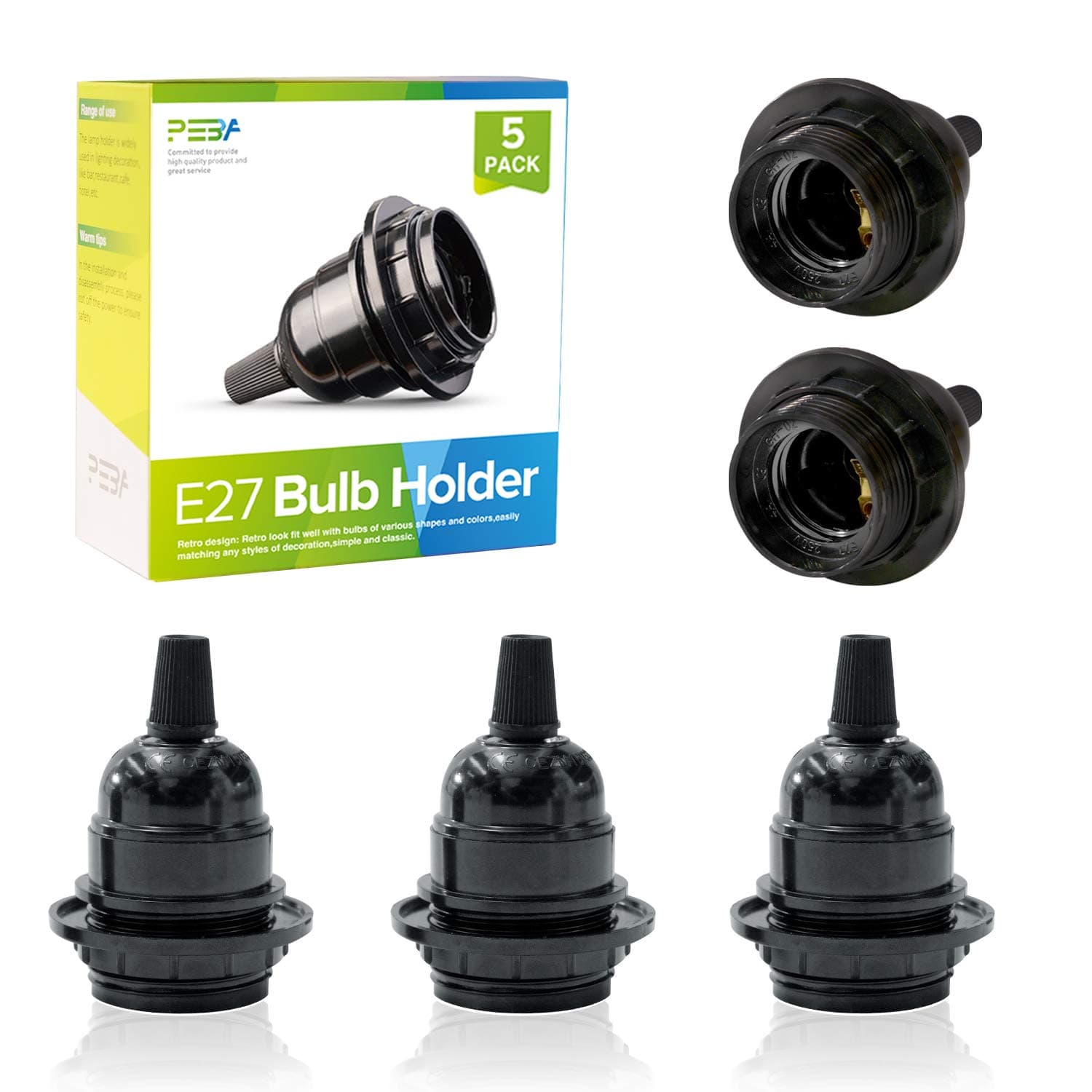 PEBA E27 Lamp Holder, Vintage Bulb Holders, Black Bakelite Edison Screw Lampholders Fitting, External Thread Retro Style, for DIY Pendant E27 Socket, 5-Pack