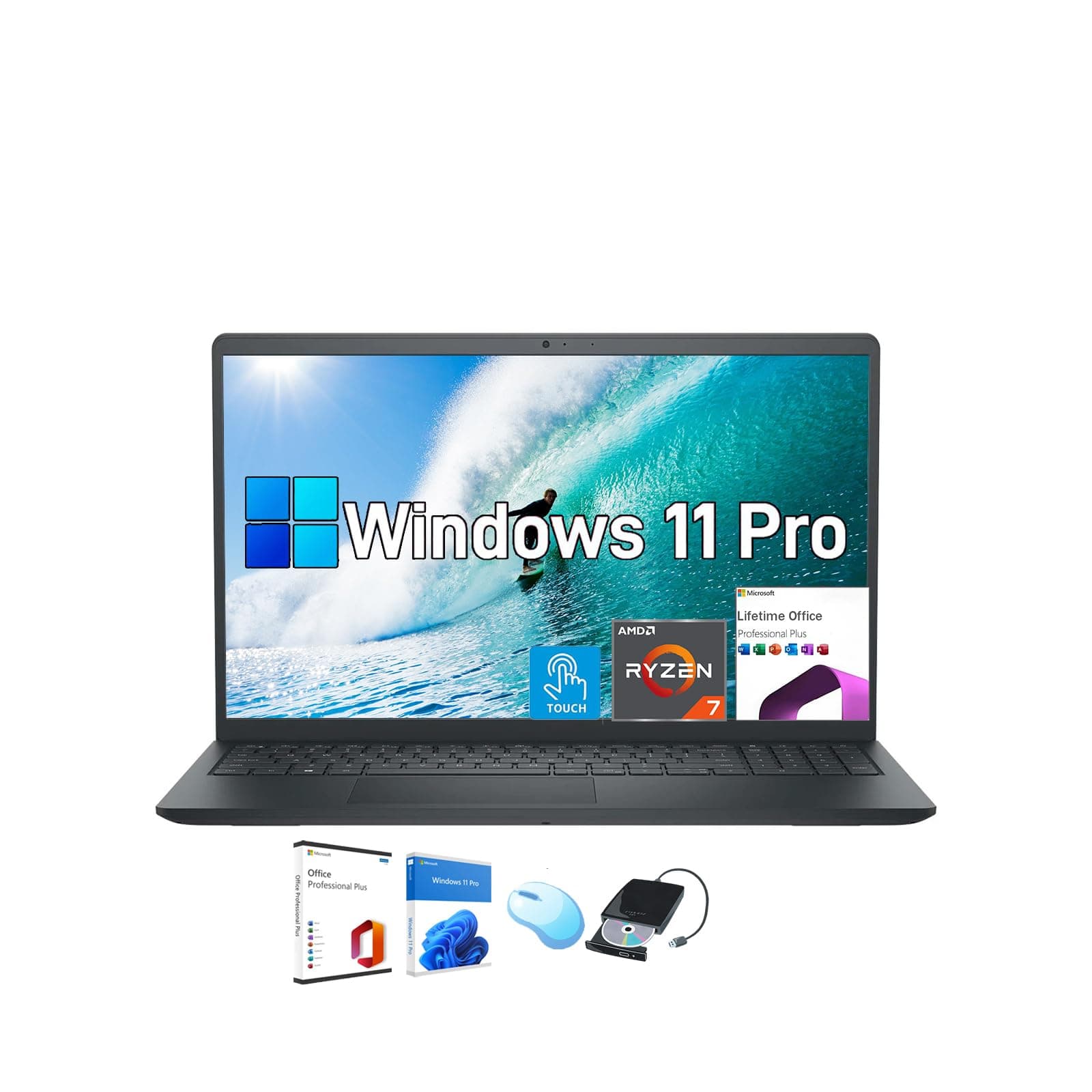 Dell Inspiron 15.6" Laptop with Touchscreen - 16GB RAM, 1TB SSD | Win 11 Pro, Office Lifetime License | 15.6'' FHD Display | AMD Ryzen-7 7730U(8-Core) | Long Battery Life