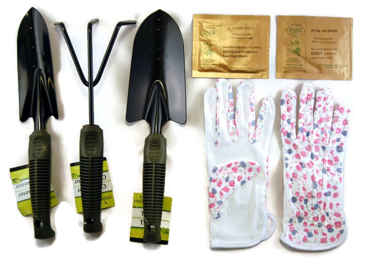 Cute Colorful Garden Tool Gift Set: Trowel, Transplanter, Cultivator and Gloves, Plus Bonus Organic Seeds - Grow Fresh Salad Greens at Home (Khaki)
