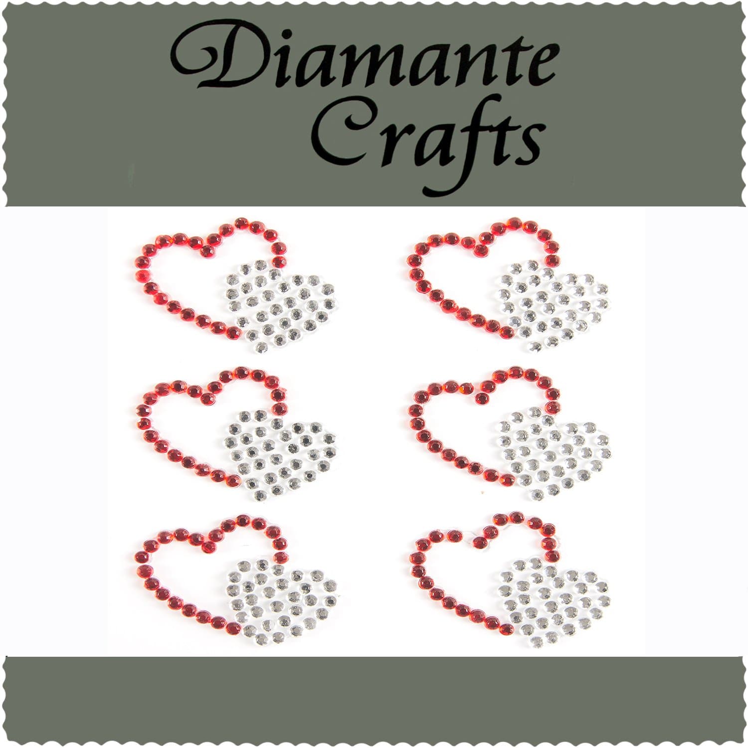 3D Vajazzle Gems Rhinestone Double Heart Shaped, Set of 6, Clear/Red