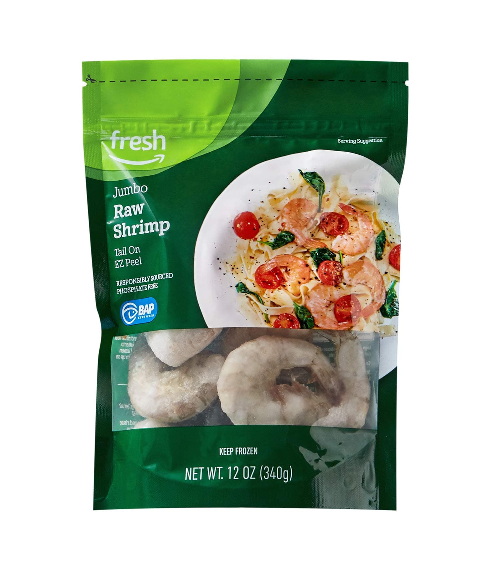 Amazon Fresh Brand, Raw Jumbo Easy Peel Tail On Shrimp, Frozen, Responsibly Sourced, Phosphate Free, 12 Oz, (21-25 Count/Pound)
