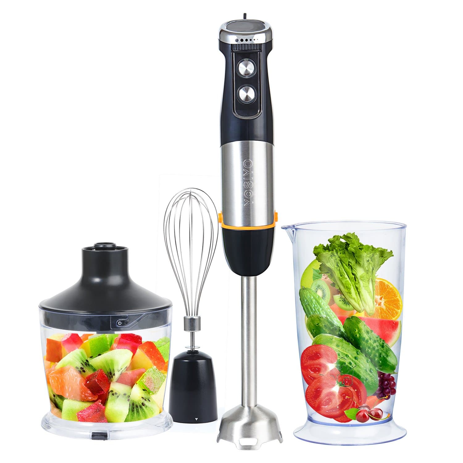 Hand Immersion Blender 4-in-1 Set 500W, Stainless Steel Blades and 2+6 Speed Control Includes Chopper, Whisk, Measuring Cup Attachment for Baby Food, Vegetable, Kitchen - Black