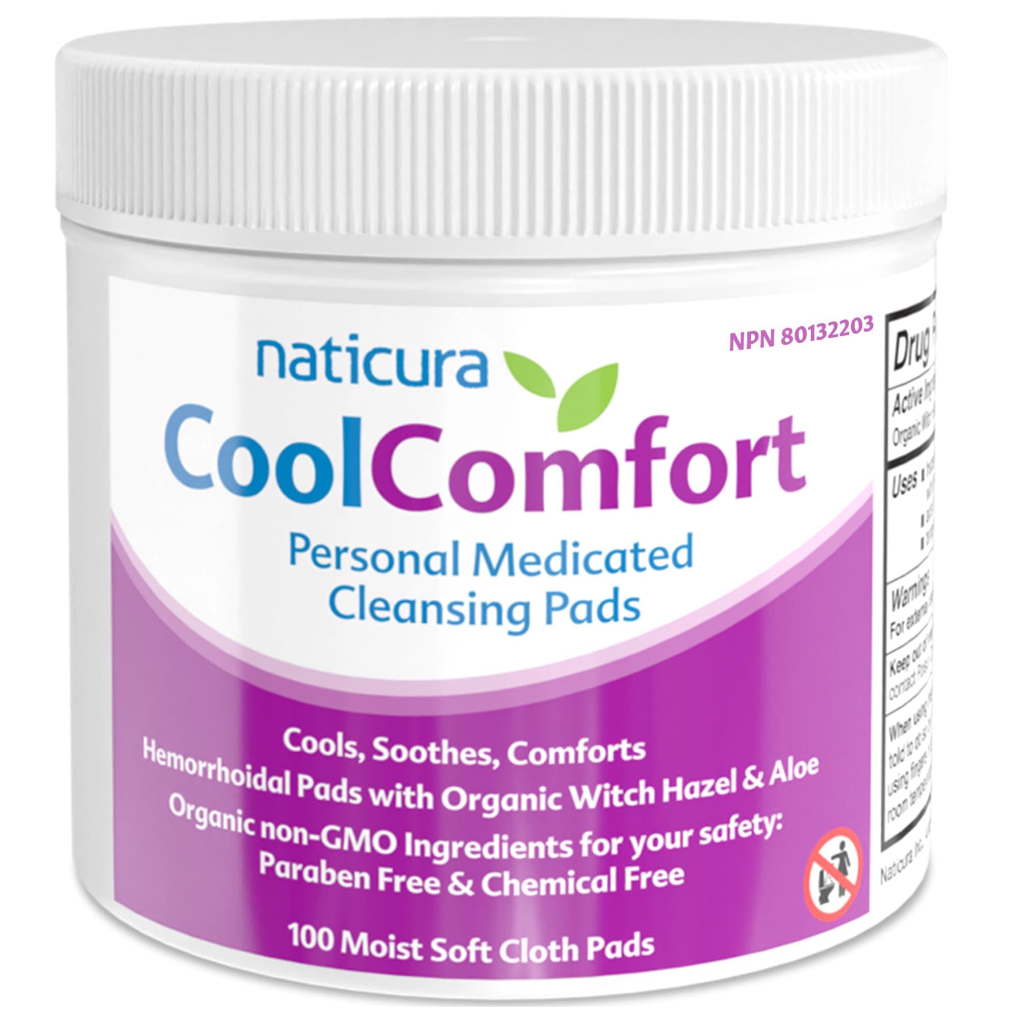CoolComfort Personal Cleansing Pads with Organic Witch Hazel and Aloe Vera - All Natural and Fast Acting Wipes for Hemorrhoid Burning, Itching, Pain and Swelling - 100 Pads - No Parabens - Made in USA