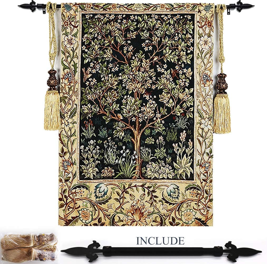 Aeiniwer MAGCOLOR Classic Wall Tapestry Inclued Rod & Tassels Tiebacks - Woven Tapestry Wall Art Hanging for Living Room & Office Decor - Tree of Life Umber by William Morris - 100% Cotton - Pakistan