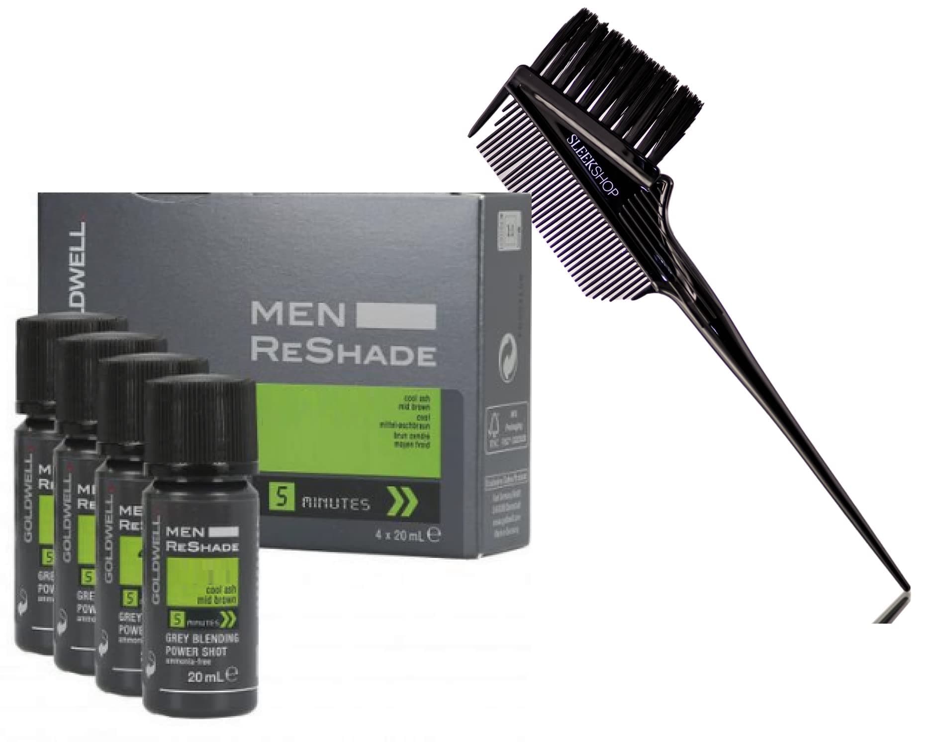 MEN Reshade Grey Blending Power Shot Haircolor Dye, Ammonia-Free (w/ Sleekshop 3-in-1 Comb Brush) Hair Color, Man Gray Re Shade (6CA (20ml/0.6 oz x 4 pieces))