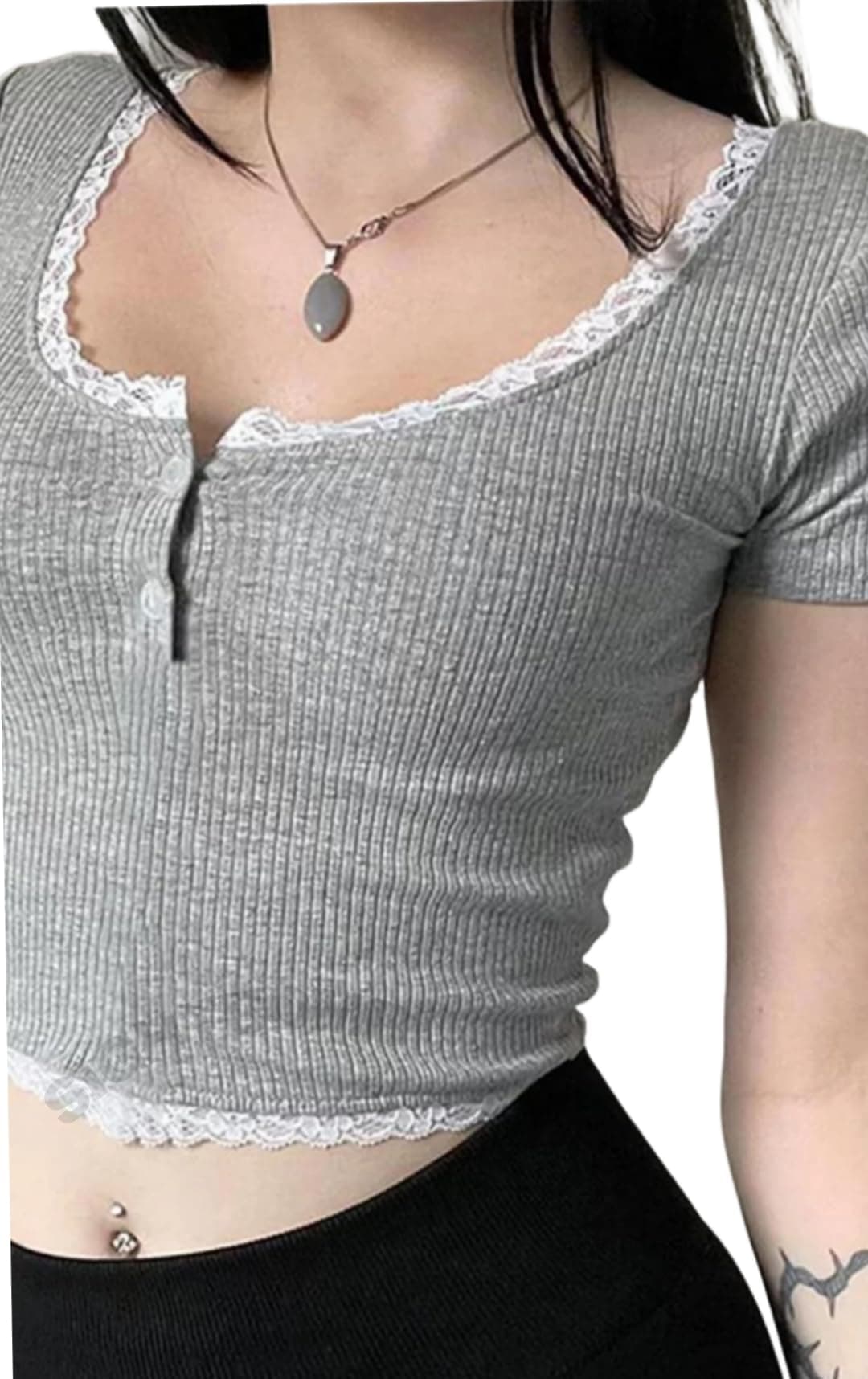 SIGHTBOMB Scoop Neck SNAP Button UP LACE Detail Korean Style Short Sleeve TOP for Women