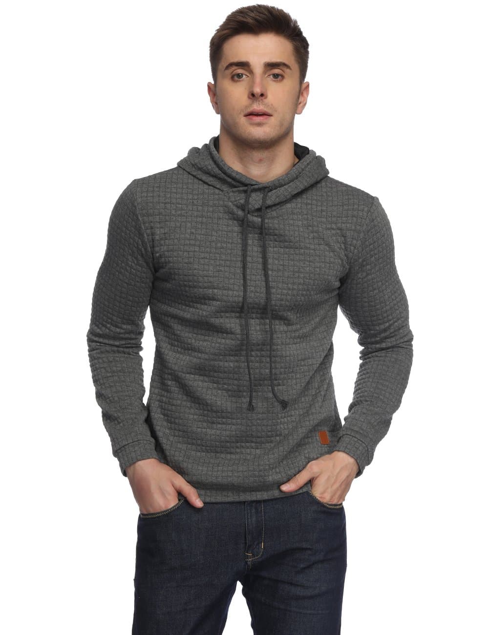 HEQU Men's Casual Funnel Neck Square Pattern Quilted Hoodie Pullover Sweatshirt Grey XL