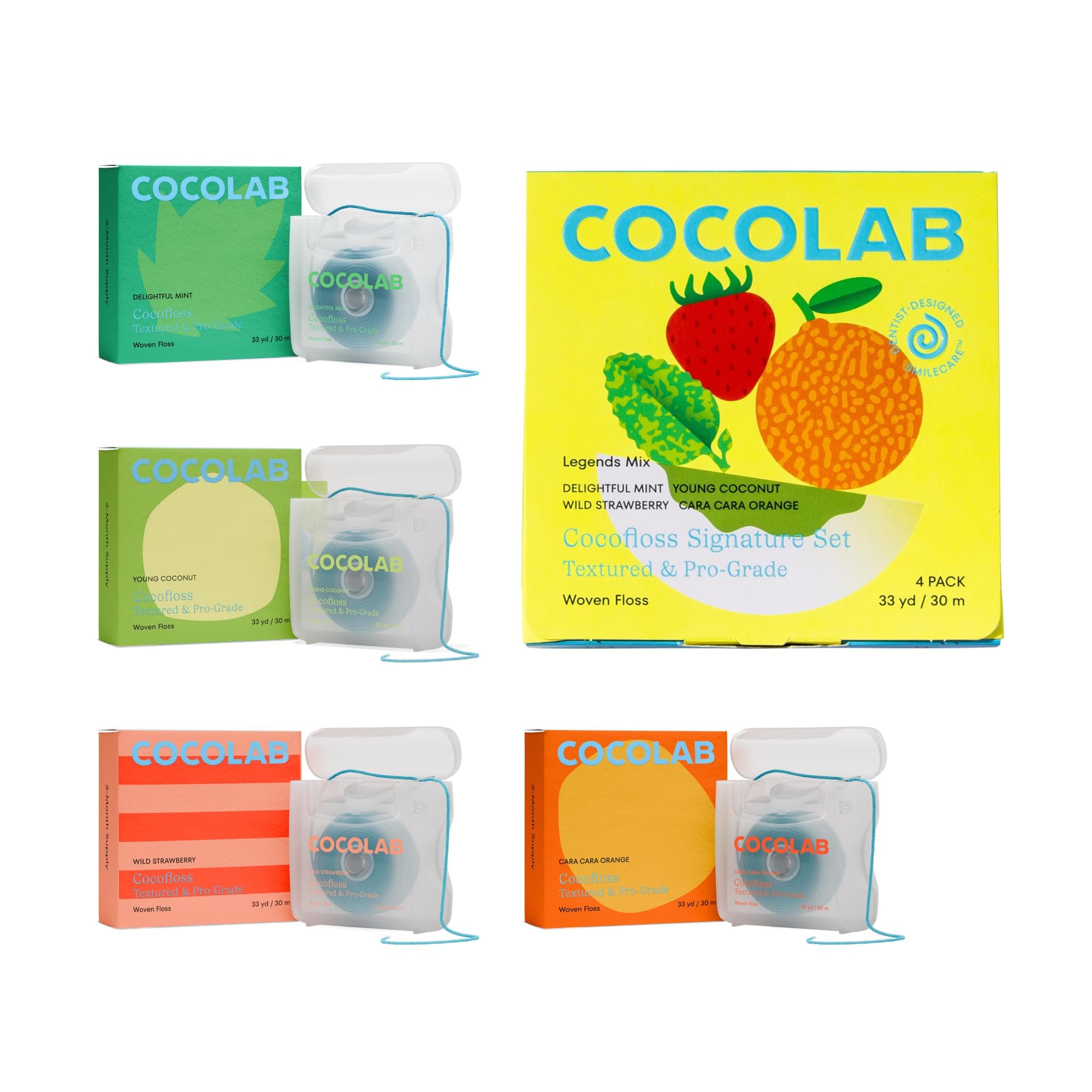 COCOFLOSS | Coconut-Oil Infused Woven Dental Floss | 4-Pack 33-yd Mixed Fragrances | Dentist-Designed | Vegan and Cruelty-Free