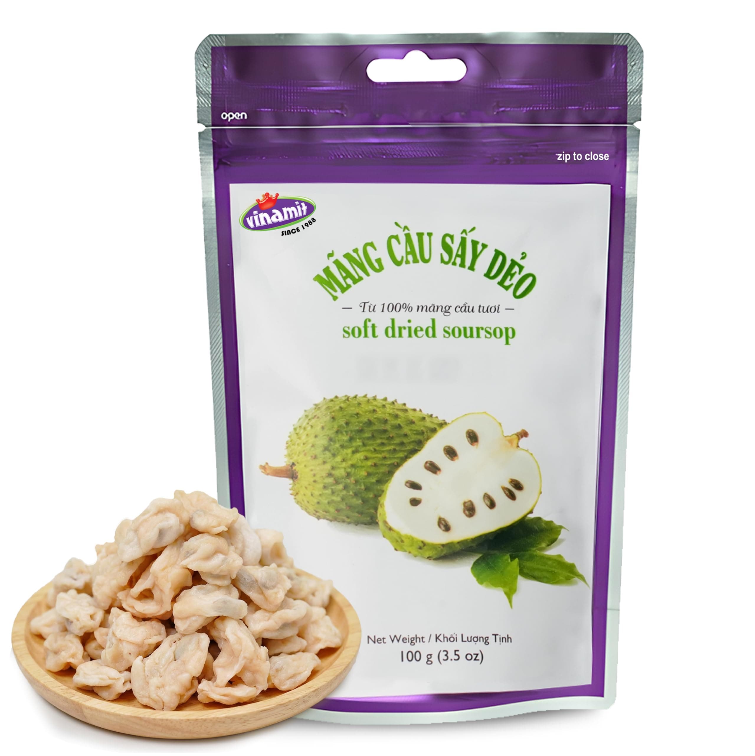 Vinamit Soft Dried Soursop | Soursop Fruit 3.5 oz bag | Natural Tropical Fruit Snack | Vegan, Gluten-Free, Non-GMO | High in Fiber, Ideal for Travel & Clean Eating | The Product Contains Seeds