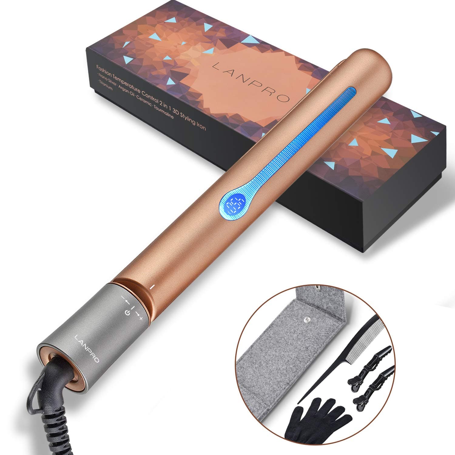 Flat Iron with Tourmaline Ceramic Plates 2 in 1 Hair Straightener with Rotating Adjustable Temperature 265 to 450 degrees Fast Heating-up Auto Shut-off Worldwide Dual Voltage Gold
