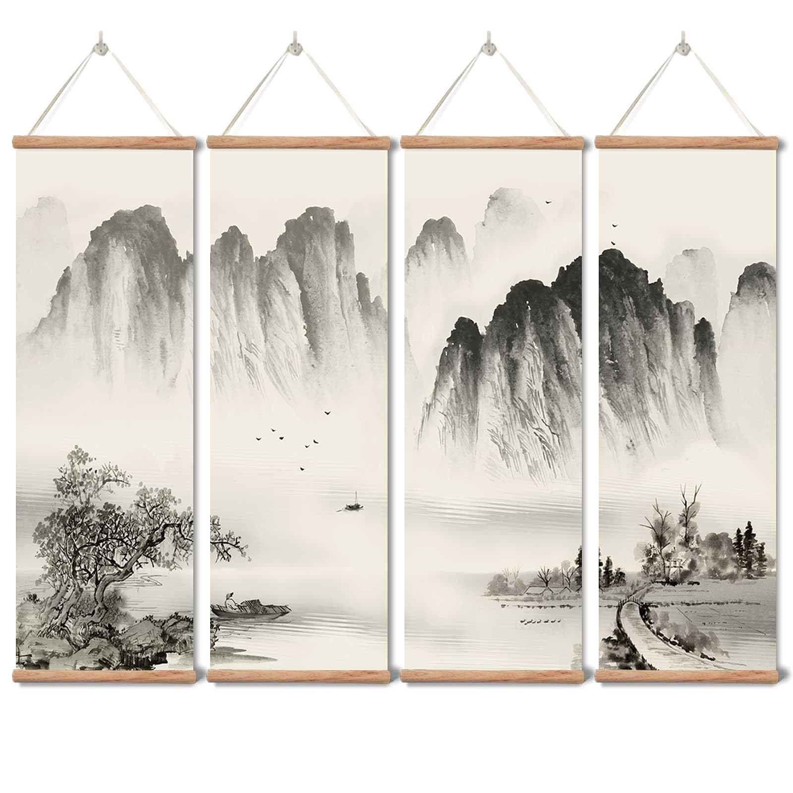 Landscape Painting,Chinese Ancient Architecture Posters and Prints,traditional Ink Decor,Wall Art Black and White for Living Room Bedroom,4 Piece Set Fixed Wooden Hanging Scroll (landscape, 12”x36”x4piece)