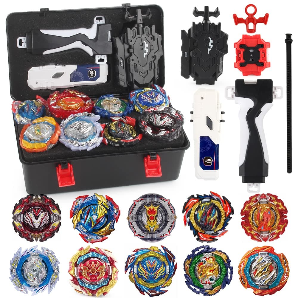 Burst Gyro Blade Toy Set 10 Spinning Tops 2 Two Way Launcher Metal Fusion Attack Top with Portable Box Gift for Ages 6+