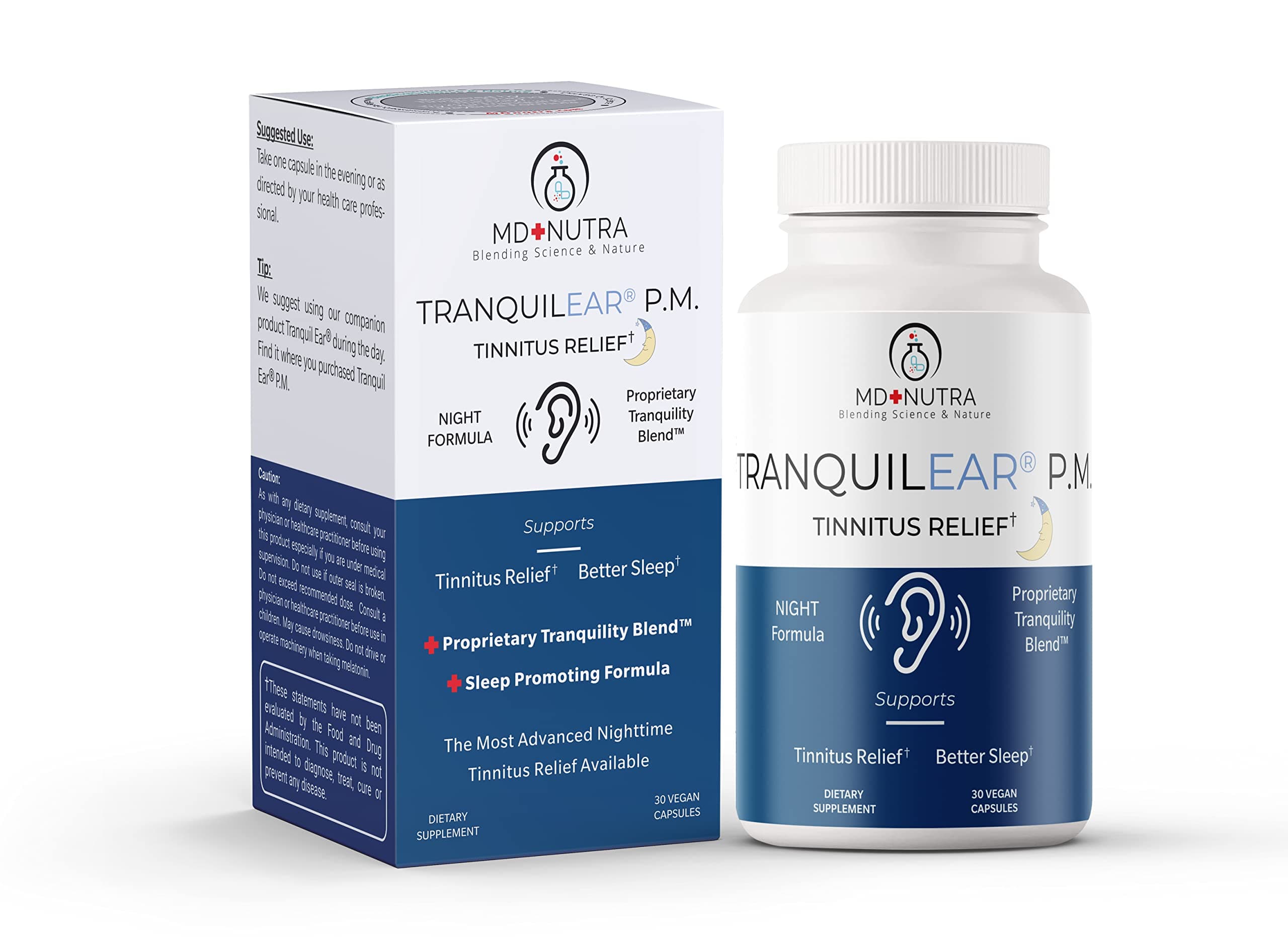 Tranquil Ear PM Ear Health & Tinnitus Relief Supplement | Developed by Ear Surgeons for Ear Nutrition, Ringing Ear Relief, & Tinnitus Symptoms - Nighttime Formula - All-Natural 30 Vegan Capsules