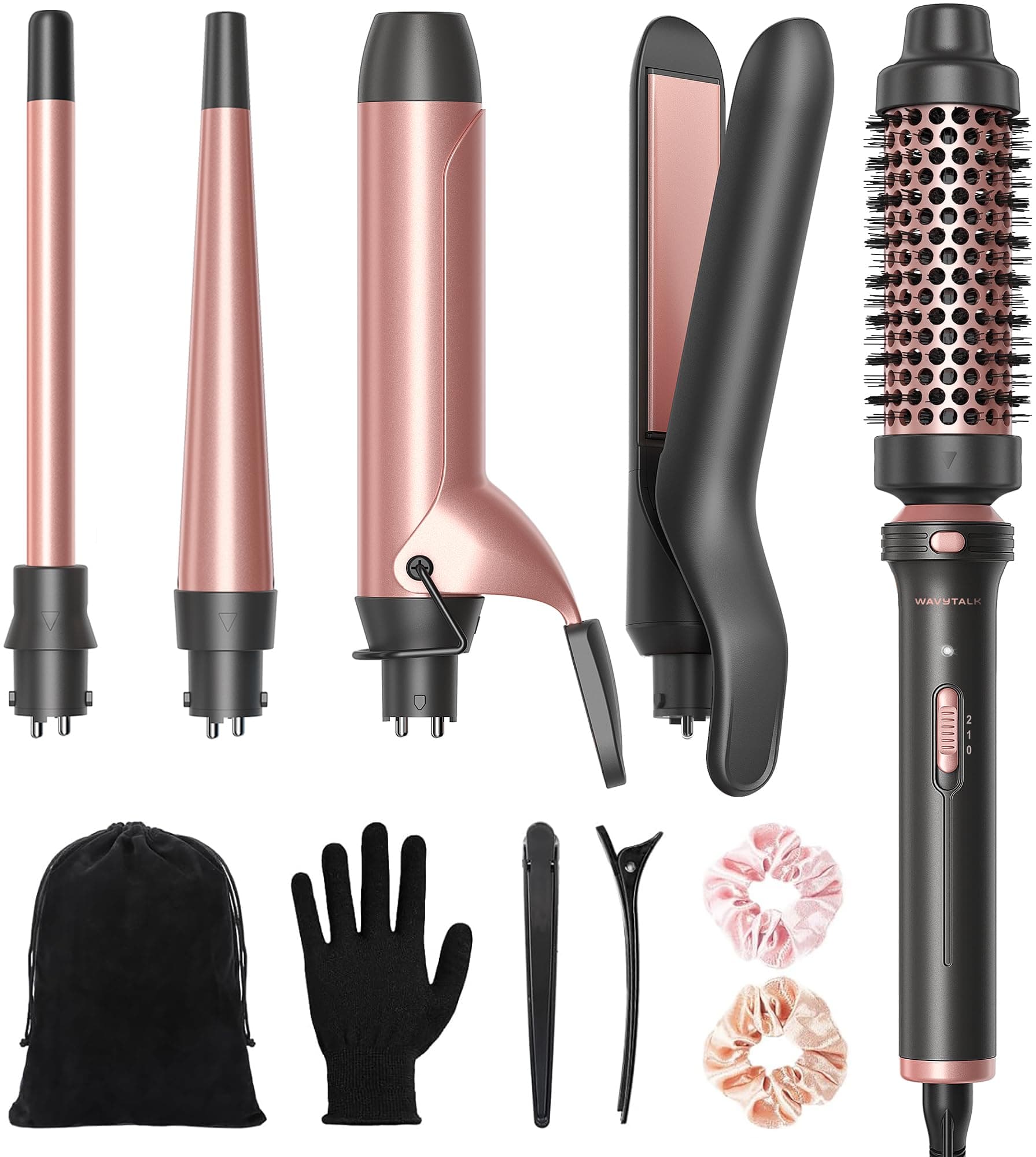 5 in 1 Curling Iron Set with Thermal Brush and 4 Interchangeable Ceramic Curling Wands (0.5'-1.25'), Instant Heat Up Hair Curling Iron, Rose Gold