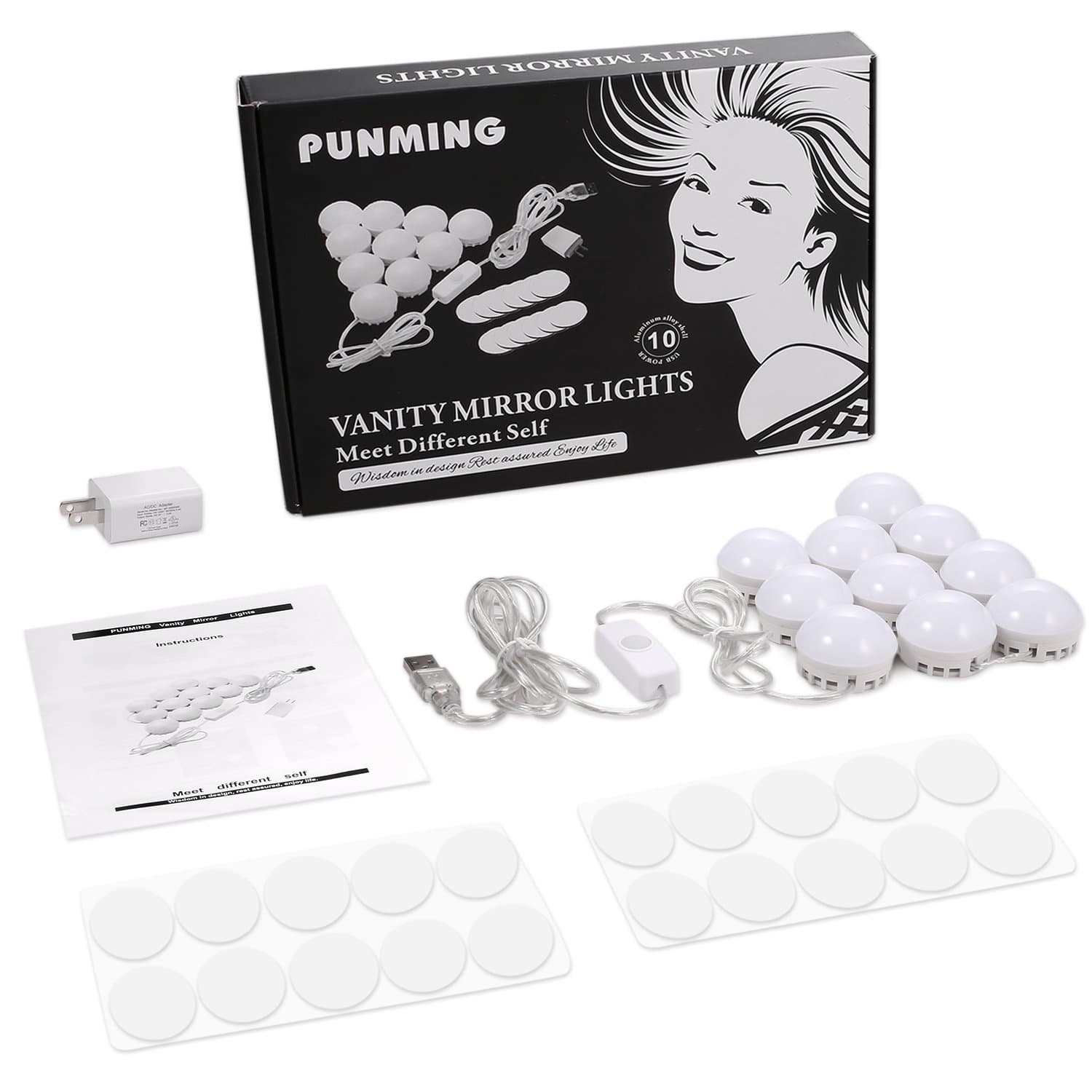 Punming LED Vanity Mirror Lights Kit,2018 New Version Hollywood Style Mirror Light with Dimmable 5 Levels Brightness Adjustable for Makeup Dressing Table with USB Power Adapter(Mirror not Included)