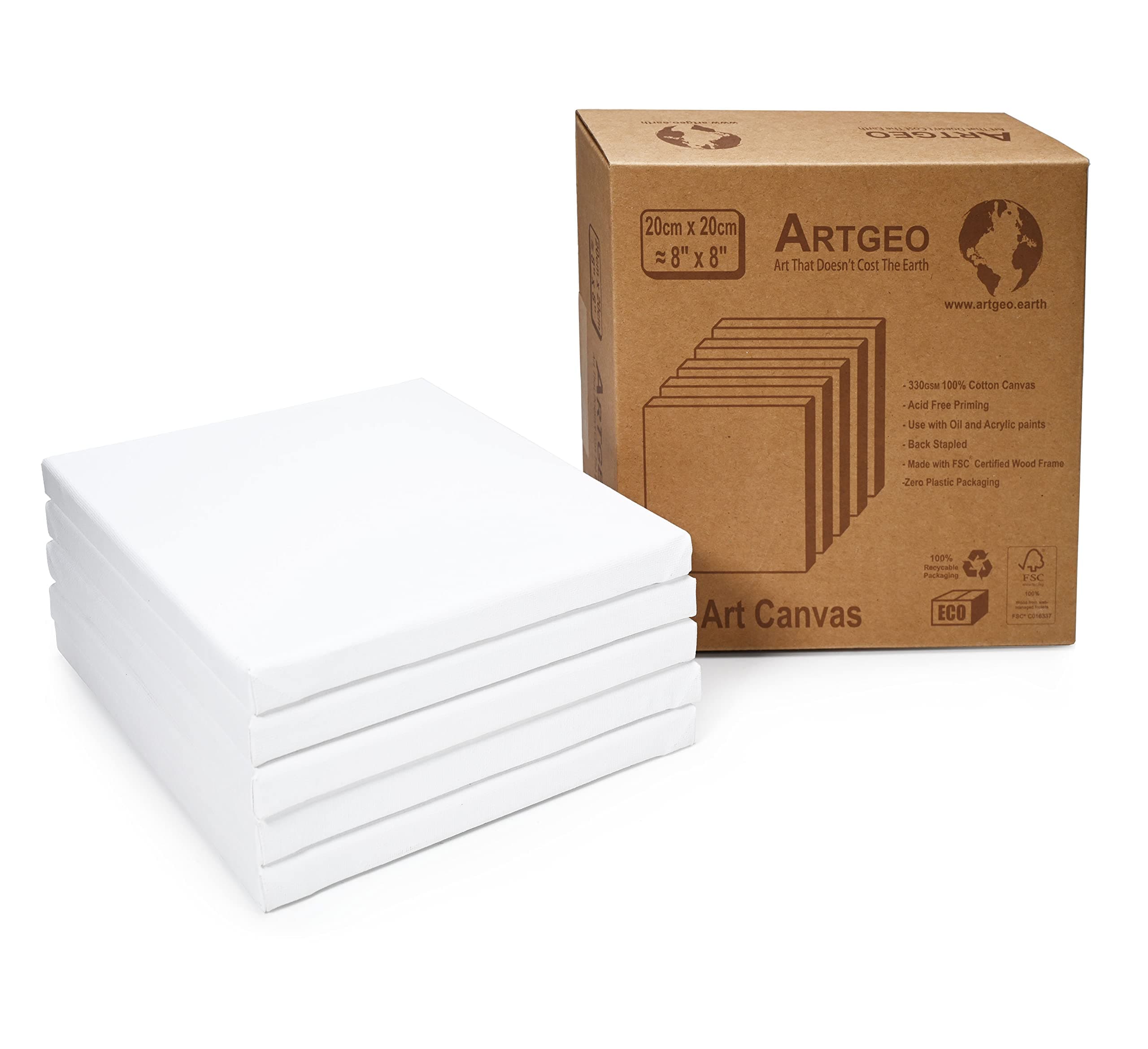 ArtGeo 20cm x 20cm (8" x 8") FSC, Stretched Art Canvas, Pack of 5 100% Plastic Free Packaging