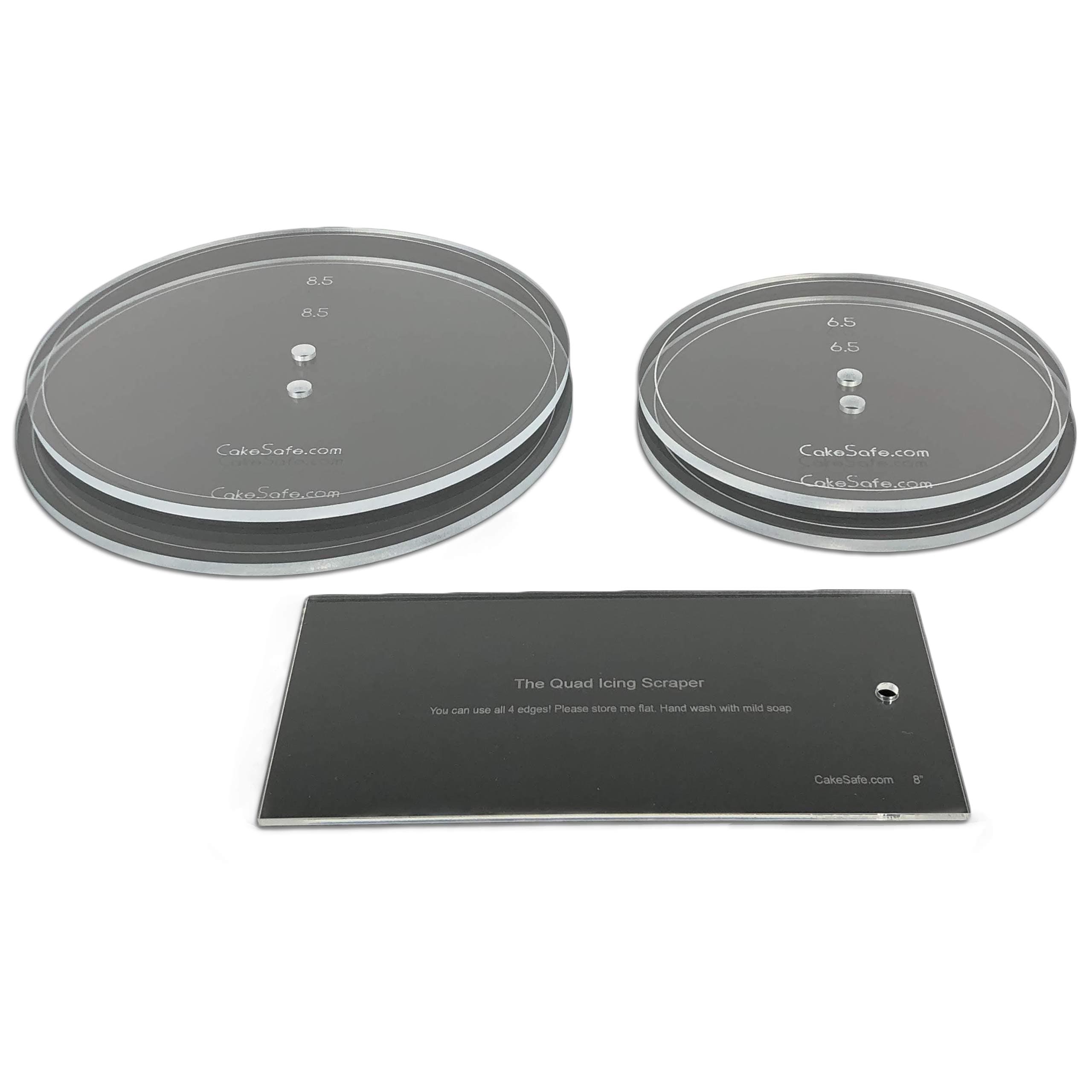 CAKESAFE Bare Necessities Cake Decorating Acrylic Disk Kit - 2 Sets-Round 6.5” and 8.5” Disk Sets and an 8” Icing Scraper for Creating Perfect Cakes