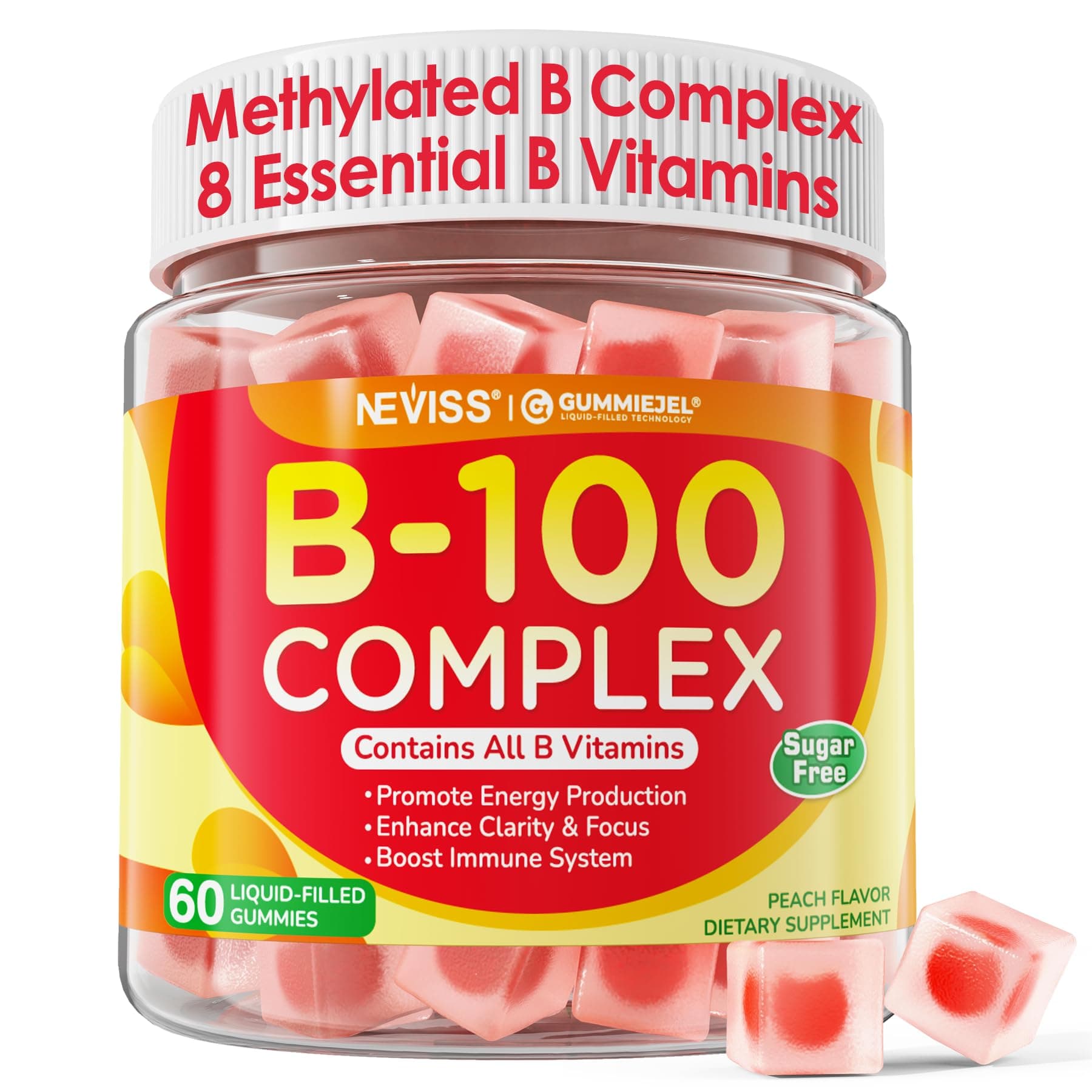 Super Vitamin B Complex Gummies - All B Vitamins Including Methyl B12, B1, B2, B3, B5, B6, Biotin, Methylfolate with Vitamin C, Choline, Inositol, PABA for Energy, Brain & Immune Support, Sugar Free