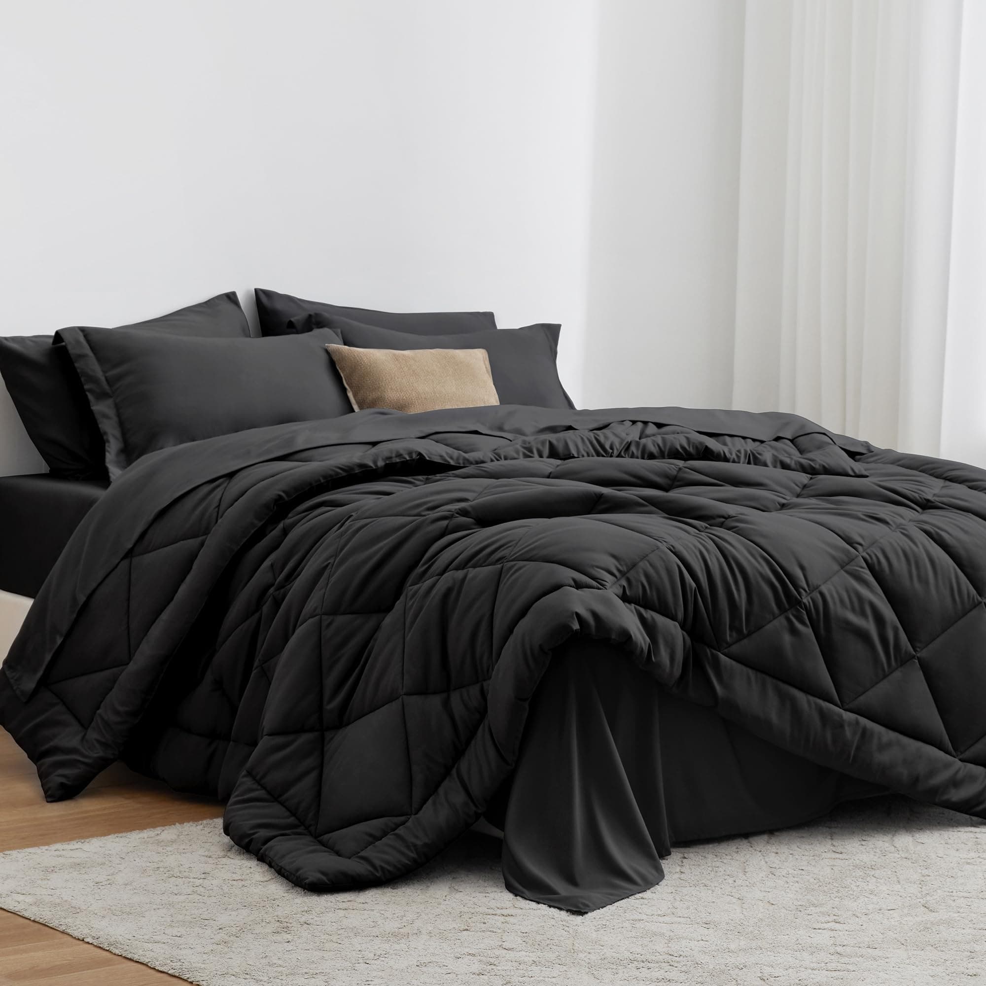 Full Comforter Set Black, 7 Pieces Full Bed in a Bag, All Season Bedding Sets with 1 Comforter, 1 Flat Sheet, 1 Fitted Sheet, 2 Pillowcase and 2 Pillow Sham