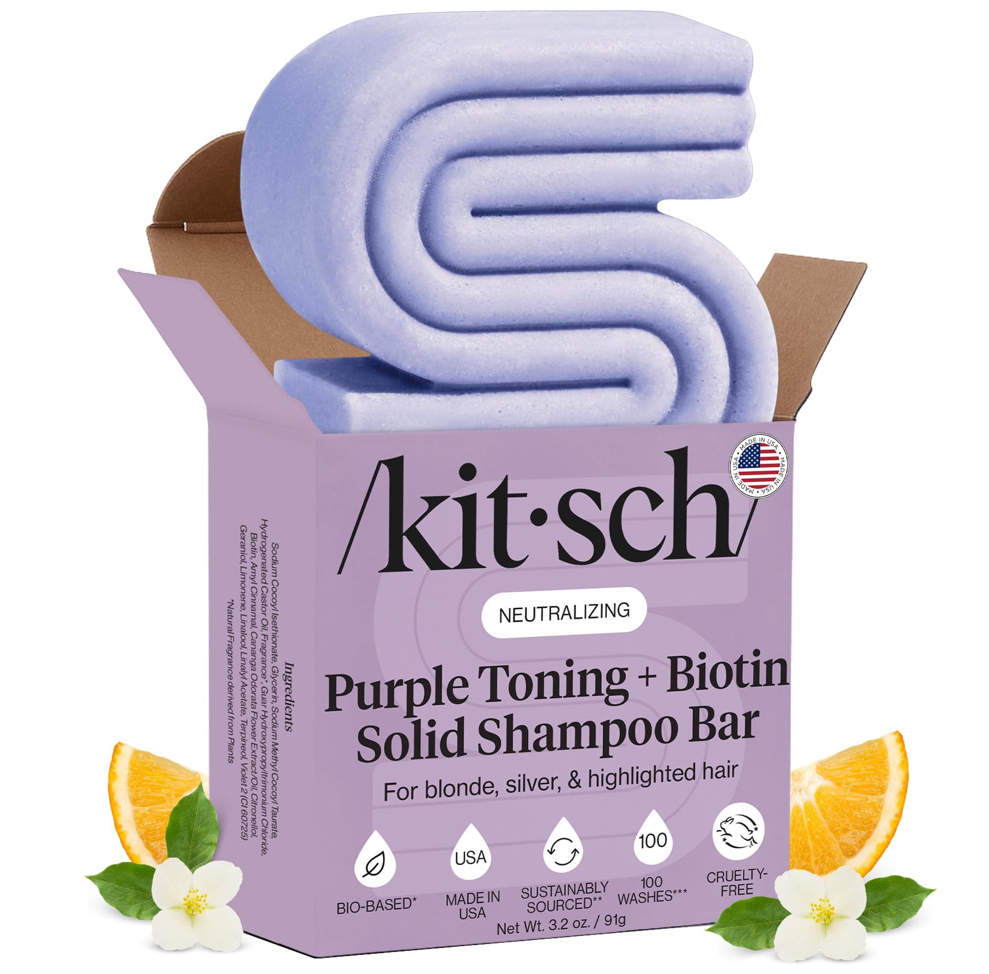 Kitsch Toning Purple Shampoo For Blondes & Color Treated Hair - Shampoo Bar For Women and Men - Biotin Shampoo for Strengthening & Neutralizing Brassy Tones - Vegan, Silicone & Sulfate Free - 3.2 oz