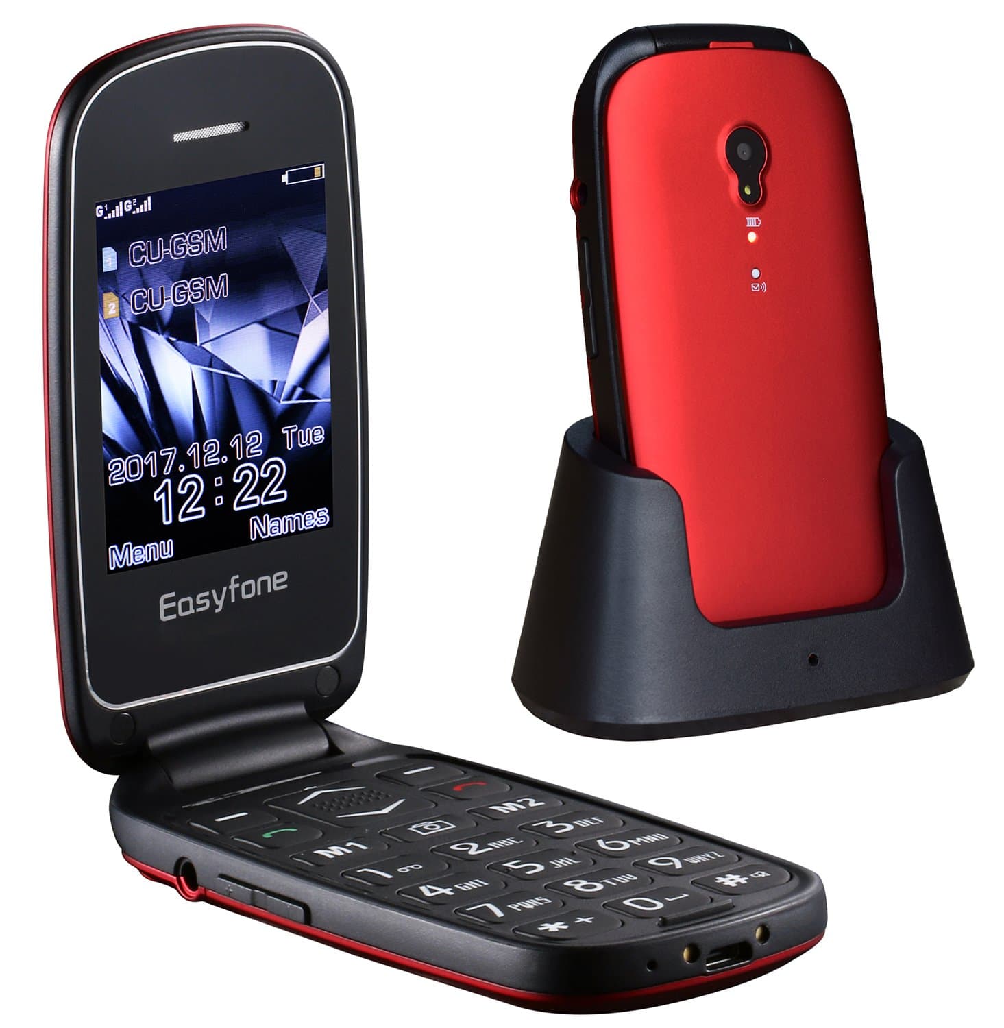 Easyfone Prime Care Senior Flip Unlocked Cell Phone, SOS Button/Speed Dial, 2.4 Inch Large Screen with Large Keypad and Big Font, Dual-Sim and Flashlight Quick Switch with Charging Dock (Wine Red)