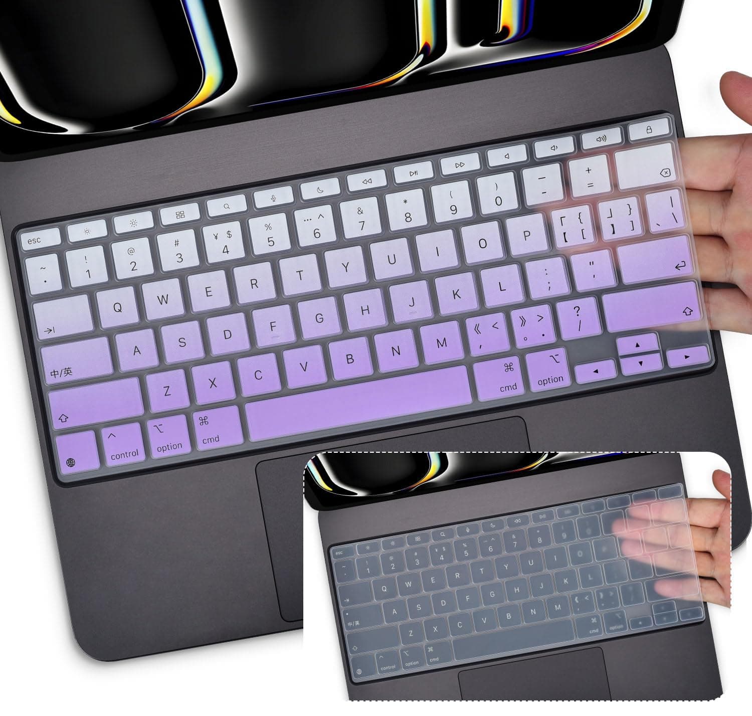 DAMMOMKO 2PCS Keyboard Cover Skin for 2024 iPad Pro 13 inch M4 Chip (A2925/A2926) Magic Keyboard, iPad Pro 13" M4 Keyboard Protective Accessories, Gradual Purple+Clear