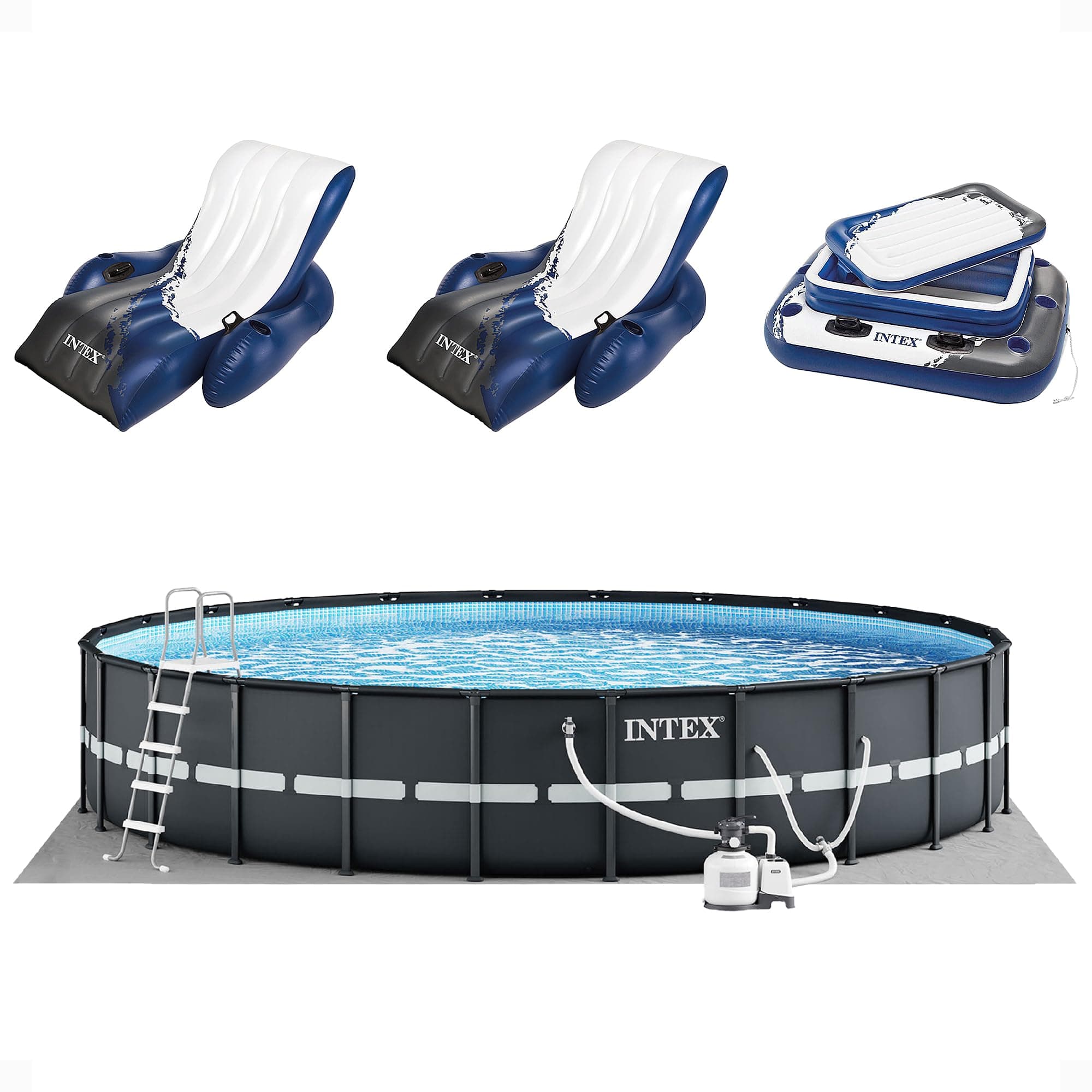 26339EH Ultra XTR 24ft x 52in Above Ground Swimming Pool Set with Sand Filter Pump, Inflatable Lounge Pool Recliners (2-Pack) and Inflatable Beverage Cooler