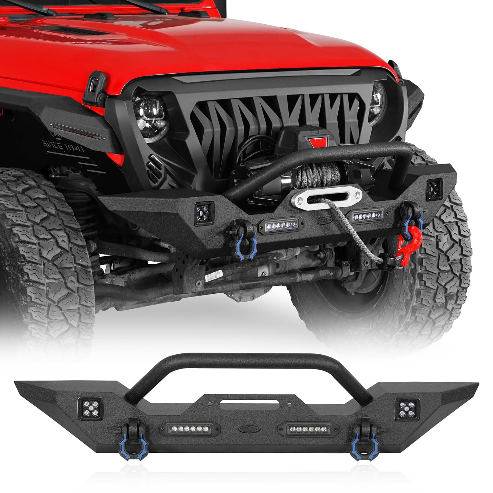 Hooke Road Sturdy Front Bumper for Jeep Gladiator JT (2020-2026) & Wrangler JK JL (2007-2026), Offroad Steel Bumper with Bright Lights D-rings and Built-in Winch Plate