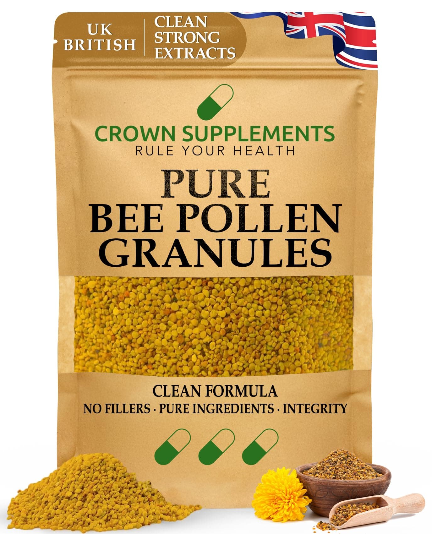 Pure Bee Pollen Granules Raw |Clean Honey Bee Supplements | Crown Supplements UK (250g)