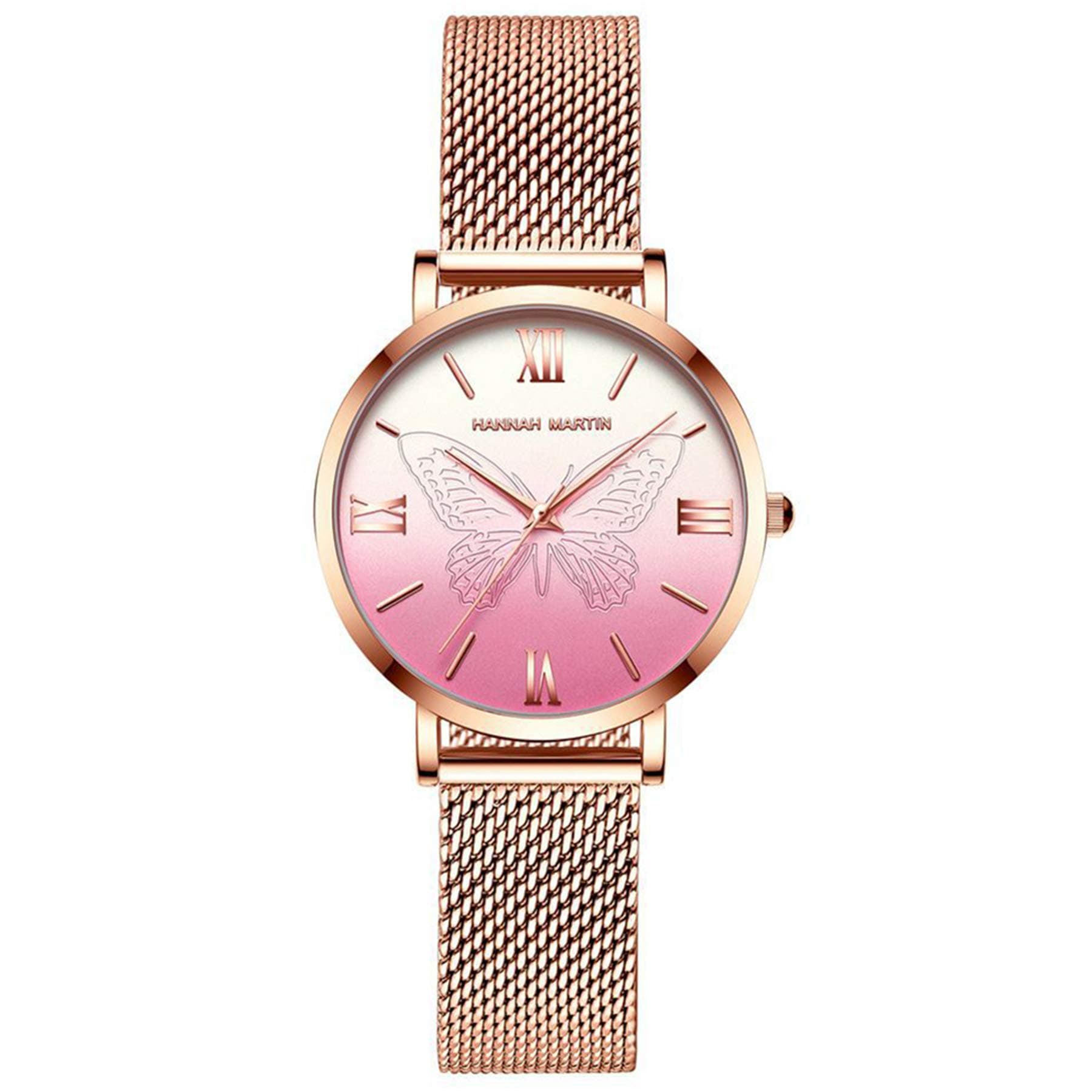HANNAH MARTIN Japan Quartz Women's Watches Waterproof Rose Gold Stainless Steel Mesh Band Butterfly Wrist Watch (Pink)
