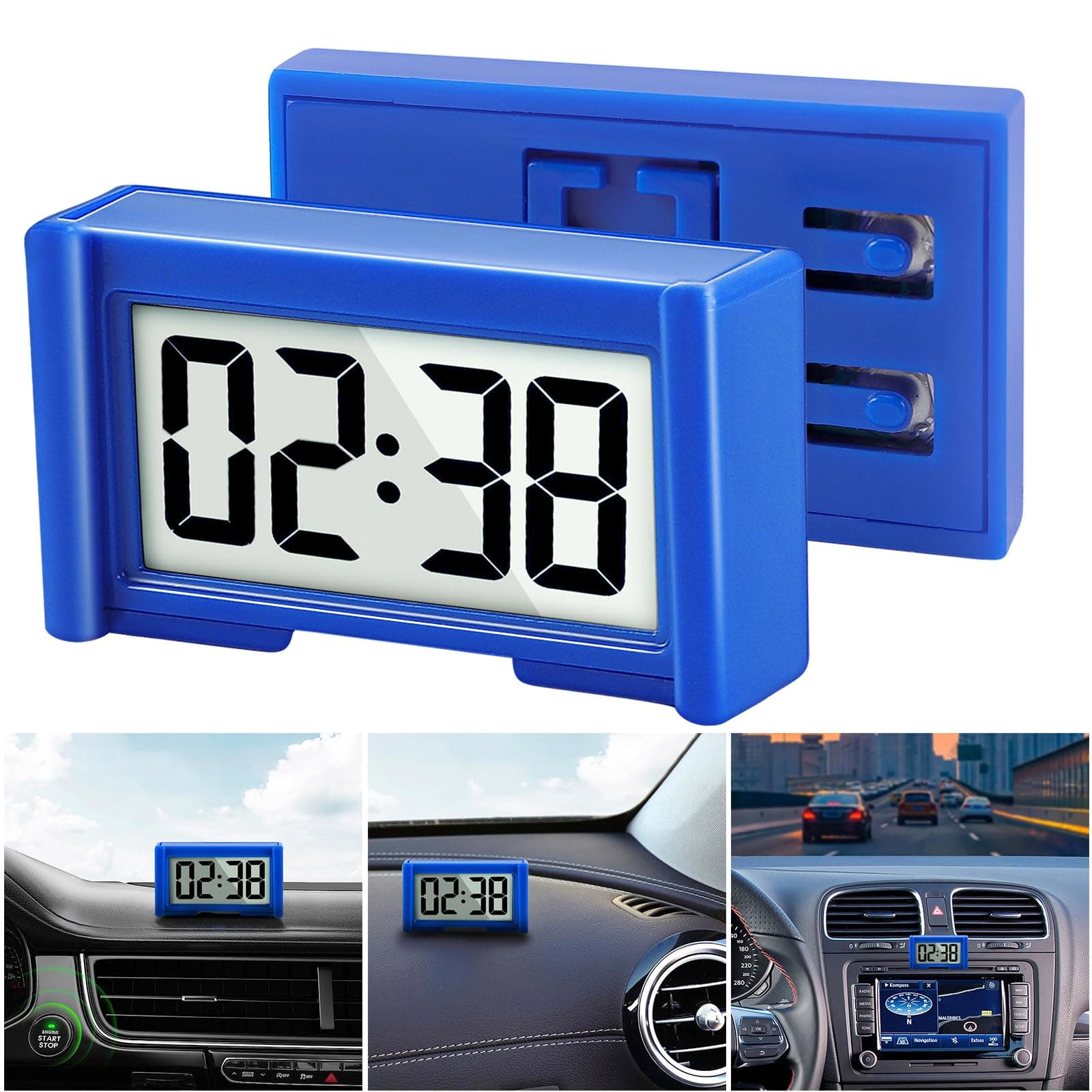 YOUNGFLY Small Digital Clock, Vehicle Adhesive Clock with Jumbo LCD Time & Day Display, Mini Car Dashboard Clock Battery Operated for Desktop Car Truck Dashboard & Air Vent (Dark Blue)