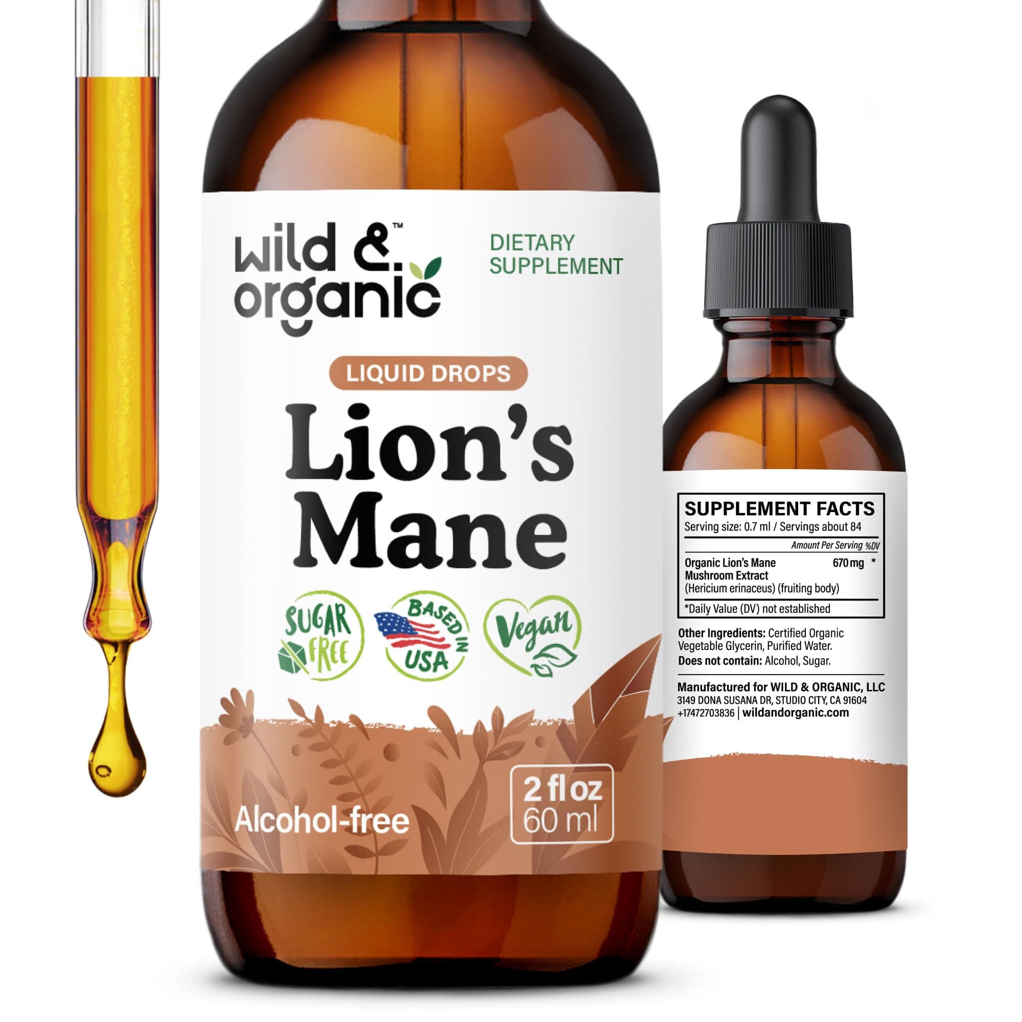Wild & Organic Lions Mane Liquid Drops - Focus & Brain Support - Lions Mane Supplement - Hericium Erinaceus Mushroom Extract Tincture - Vegan, Alcohol & Sugar-Free - 2 fl oz