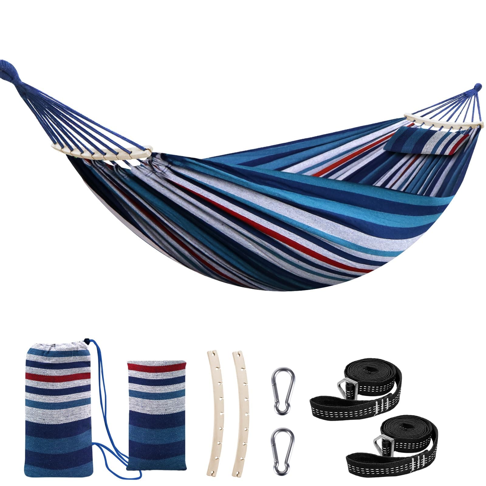 ChiheeCotton Hammock Large Soft Breathable Camping Hammock Holds Up to 660lbs Portable Tree Hammock with Detachable Spreader Bar Pillow 2 Strong Webbings 2 Carabiners Patio Garden Indoor Outdoor