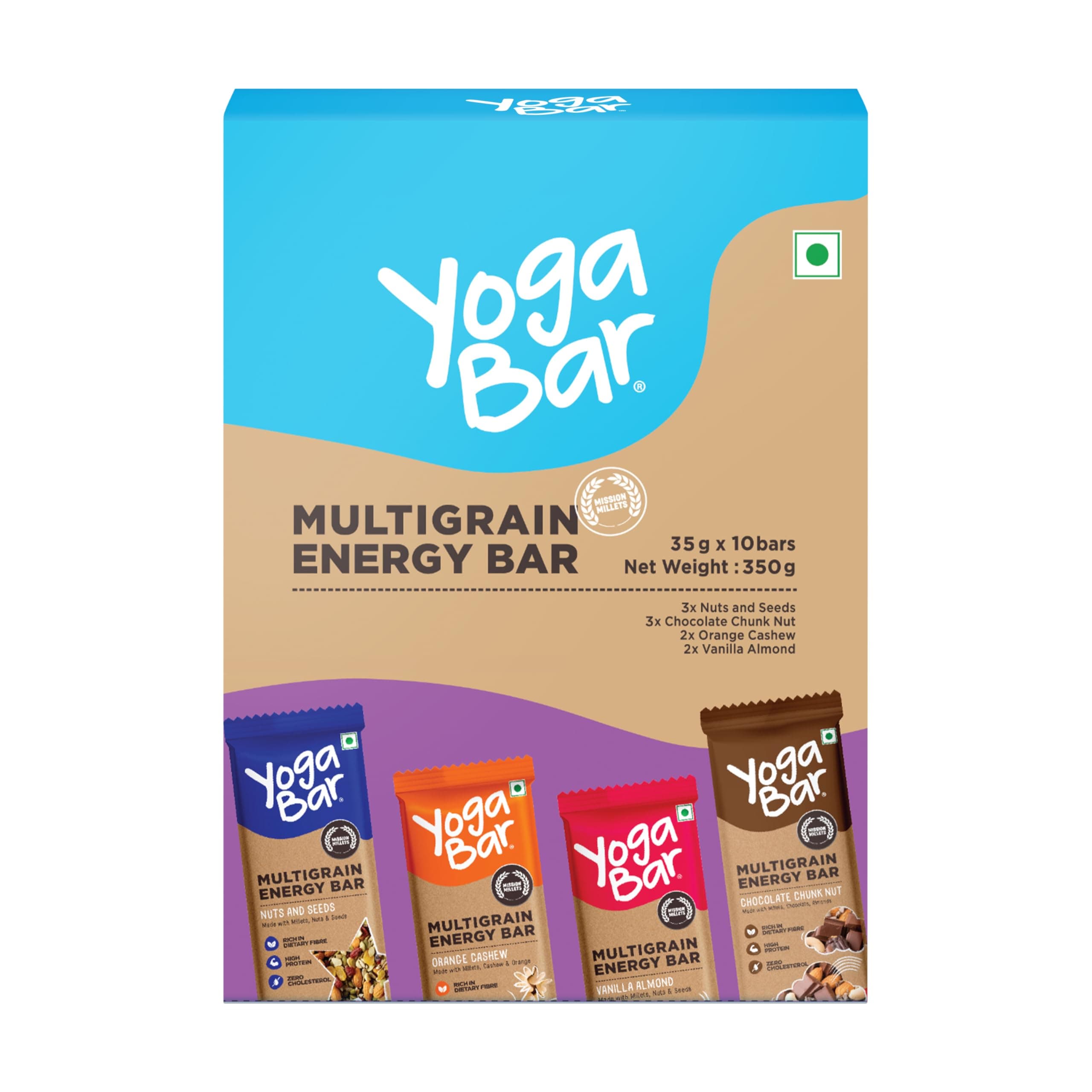 Yogabar Multigrain Energy Bars 380Gm Pack (38G x10) - Healthy Diet with Fruits, Nuts, Oats and Millets, Gluten Free, Crunchy Granola Bars, Packed with Chia and Sunflower Seeds (10 Bar)