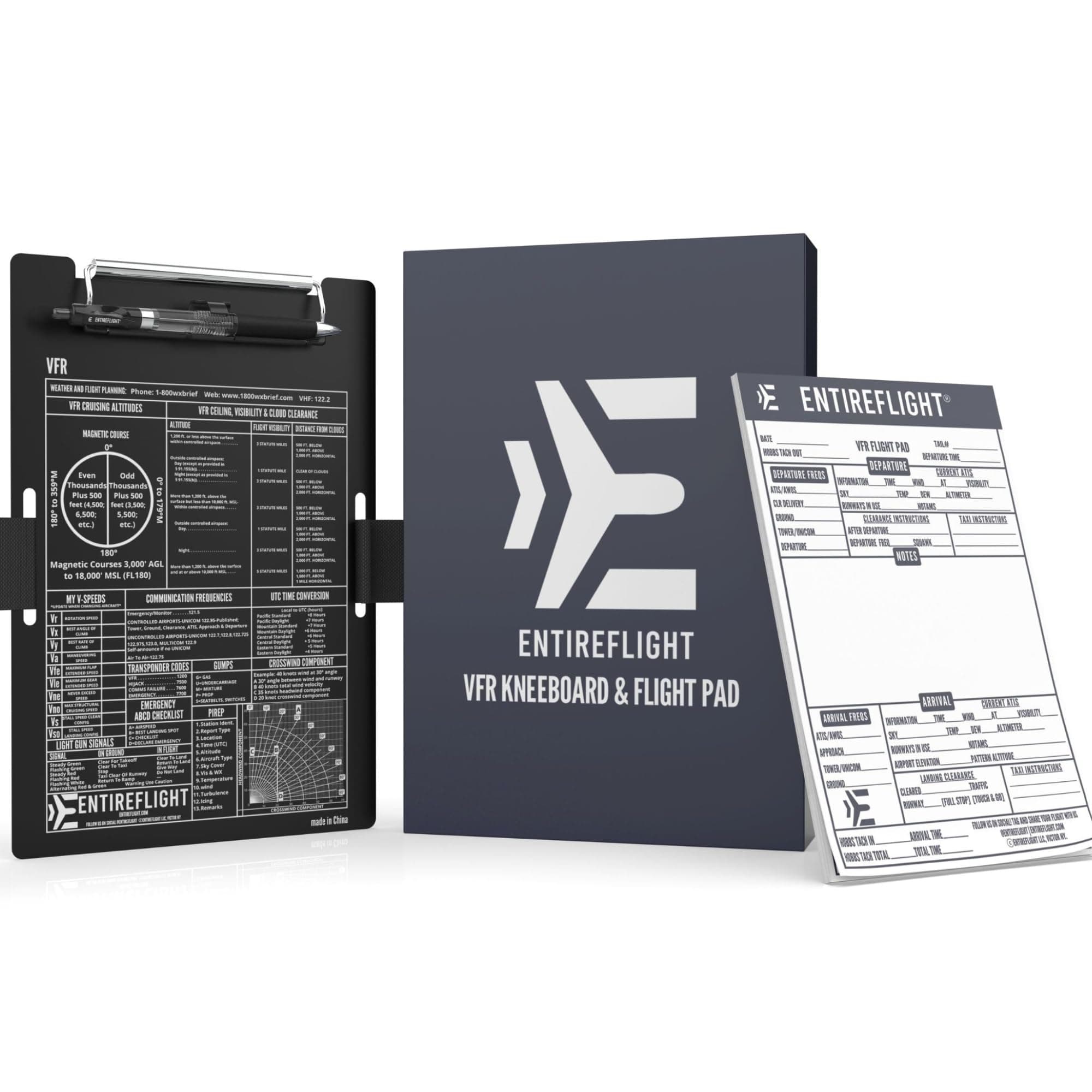 EntireFlight Aviation Pilot Kneeboard VFR Black With Structured Notepad-Premium Flight Bag Accessory-Airplane Grade Aluminum Board-Elastic Knee Board Strap & Pen-Premium Box Included For Pilots Gifts.