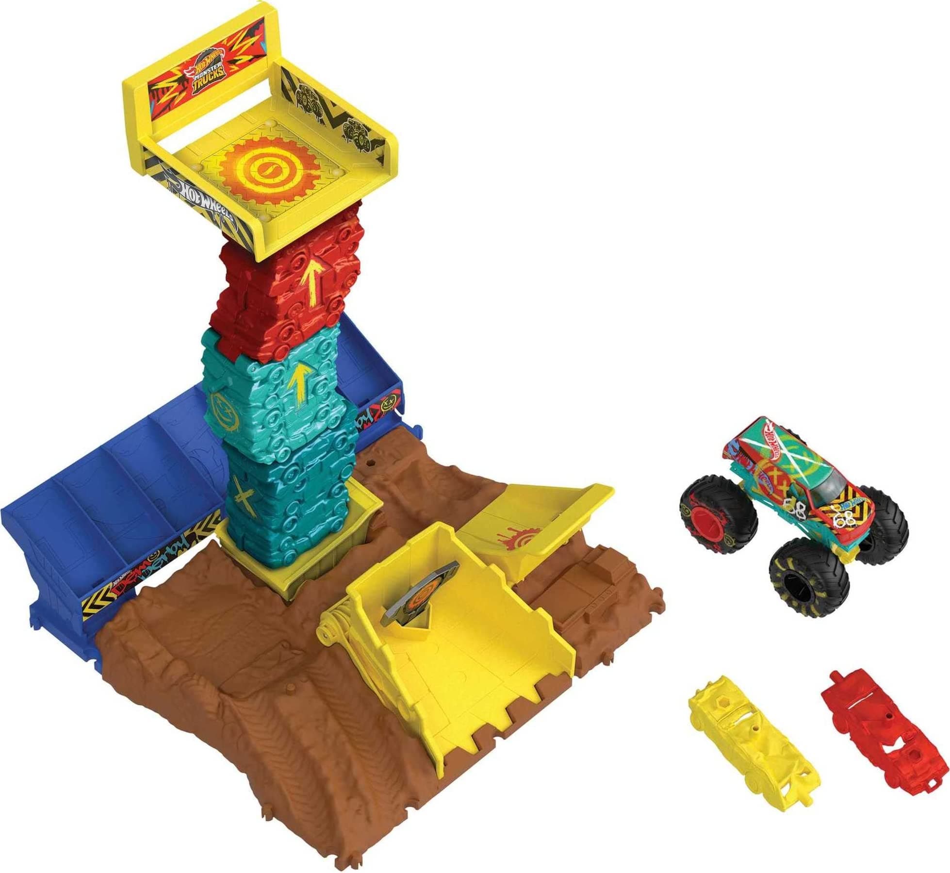 Monster Trucks Arena Smashers Demo Derby Car Jump Challenge, Connectable Set with 1:64 Scale Demo Derby and 2 Crushable Car