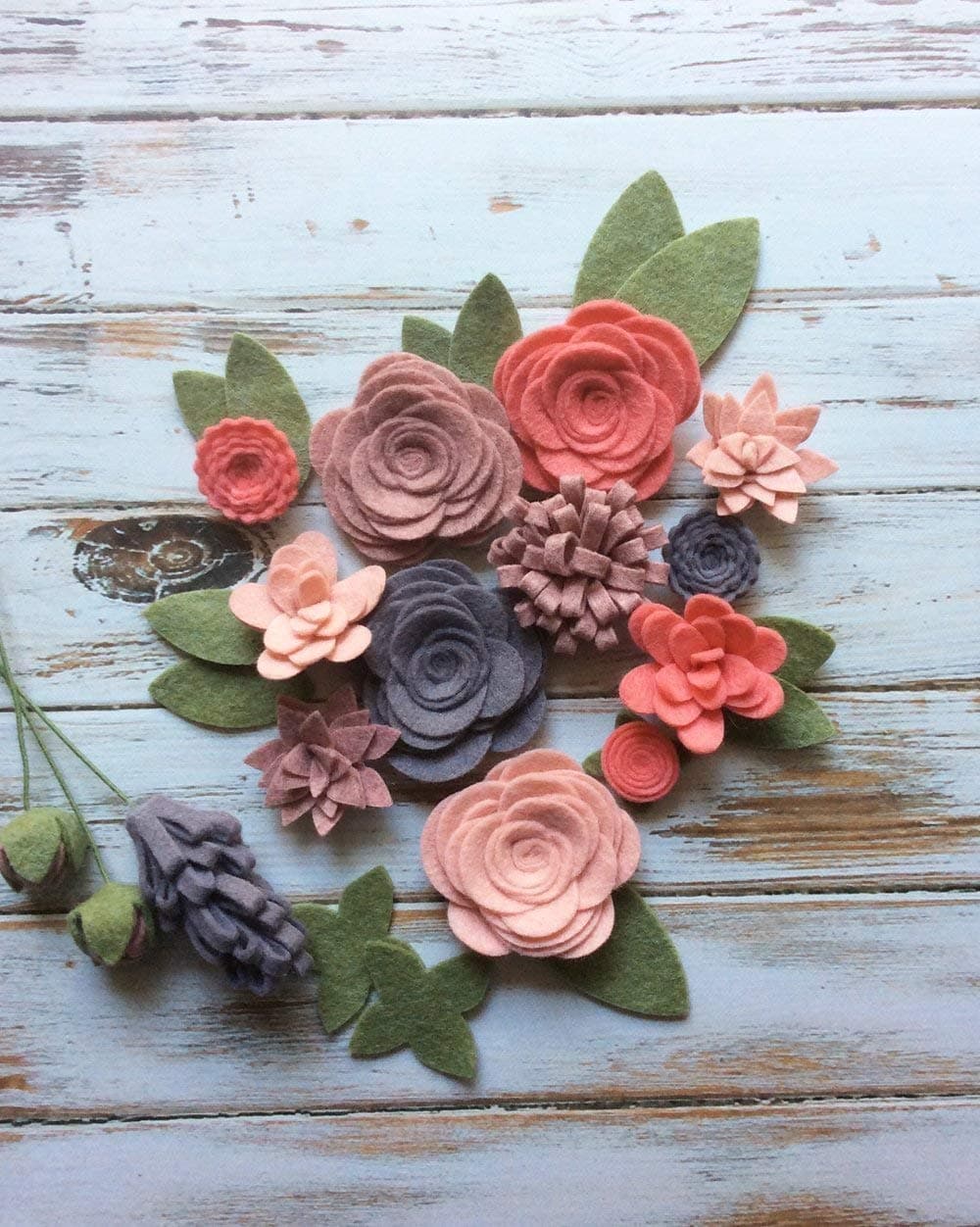 Wool Felt Fabric Flowers - Flower Embellishment - Large Posies - 17 Flowers & 14 leaves - Create your own Headbands, Wreaths - sizes are 1.75" to .75"
