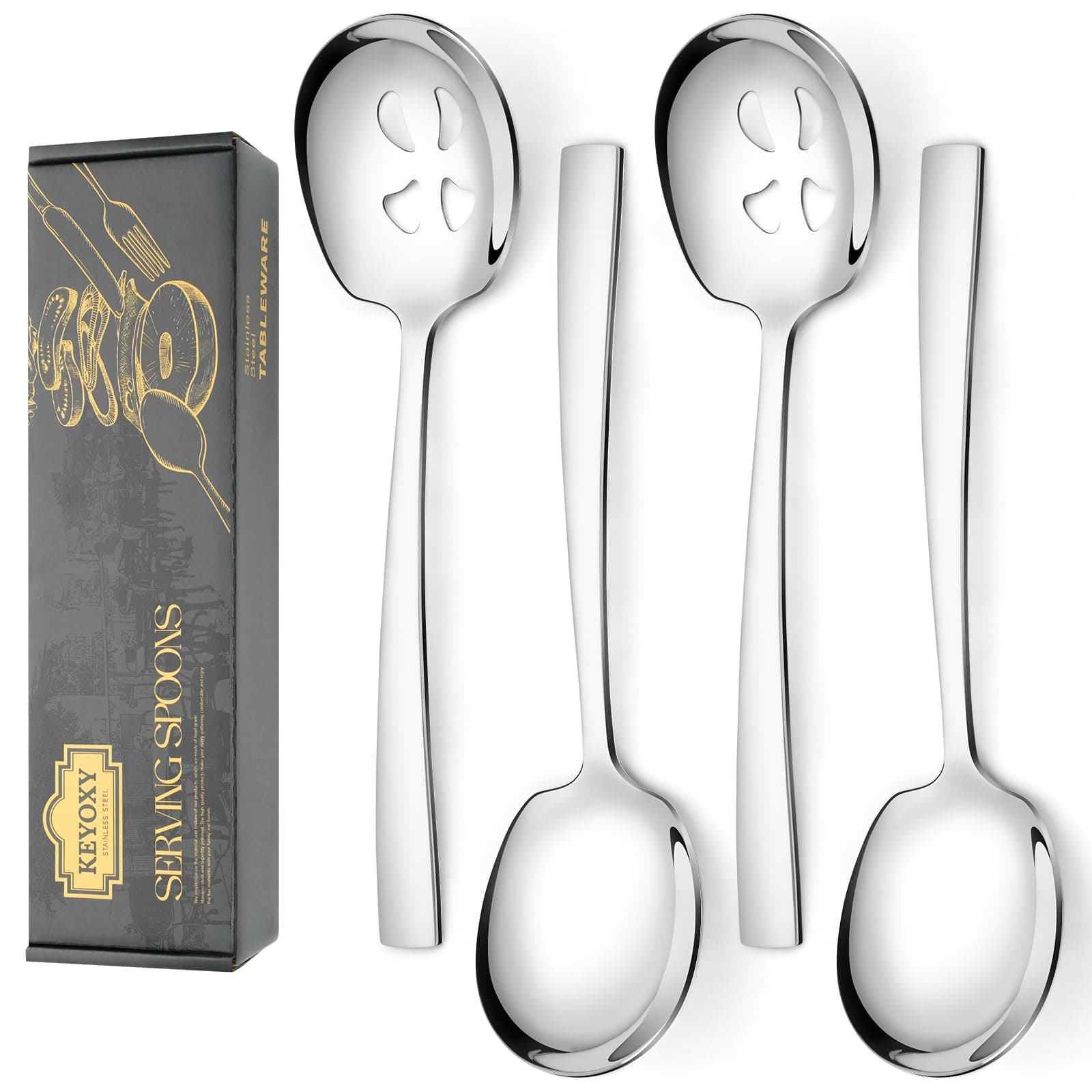 4 Piece Stainless Steel Serving Spoons Set - 2 Large, 2 Slotted, 9.2-Inch, Dishwasher Safe, for Parties/Kitchen/Buffet/Catering