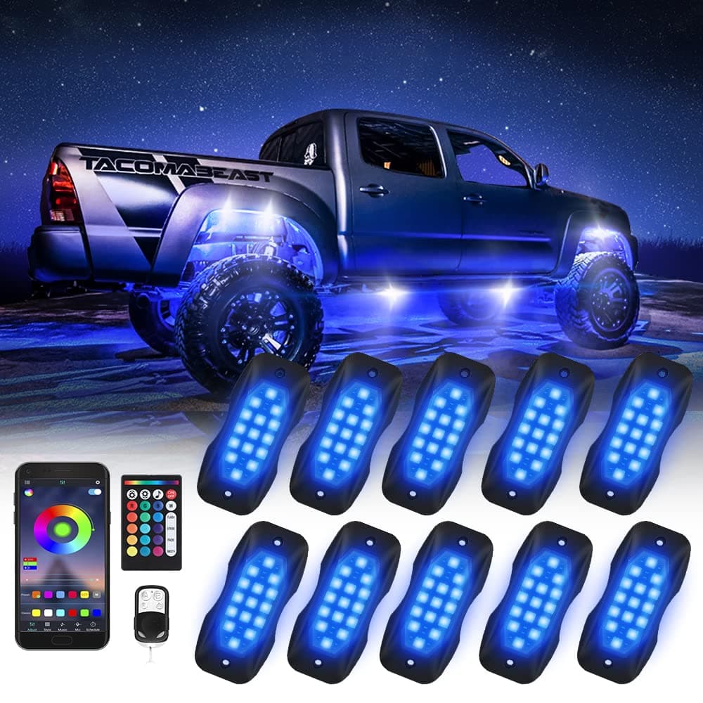 Rock Lights for Trucks 10 Pods RGB LED Rock Lights with Bluetooth APP/Remote Control Music Mode Extension Cords Underglow Lights IP68 Waterproof Neon Light Kits for Car Jeep Offroad Pickup