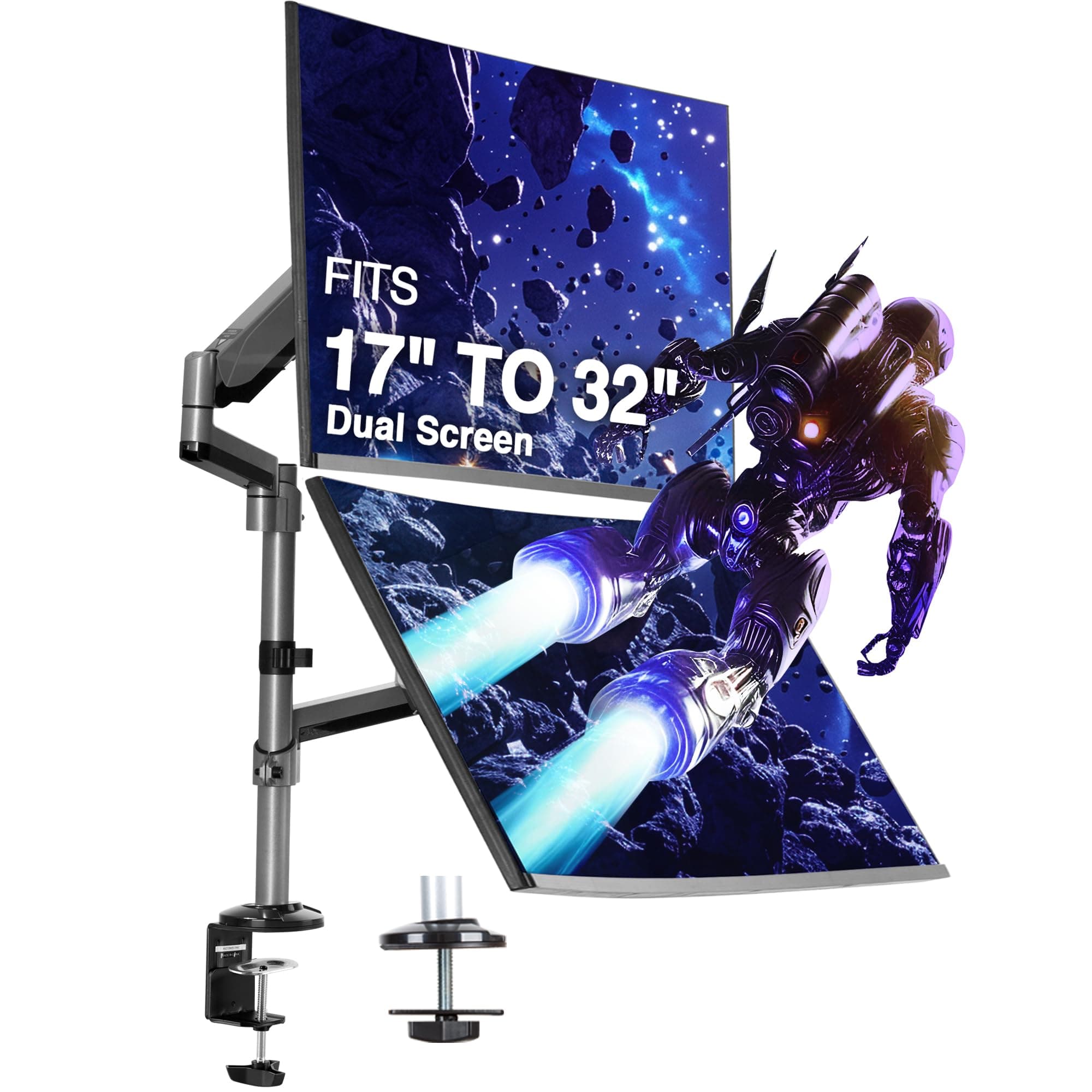 AVLT Dual 17"-32" Stacked Monitor Arm Desk Mount for 2 Flat or Curved Screens, Full Motion Height Adjustable with Swivel, Tilt, Rotation, Extra Tall, VESA, C-Clamp or Grommet Base