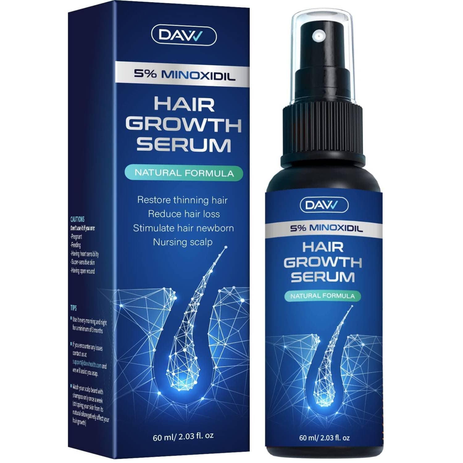 5% Minoxidil Hair Growth for Men and Women - 60mL Hair Growth Serum - Minoxidil Spray for Hair and Beard Regrowth - Hair Loss treatment - 1 Month Supply