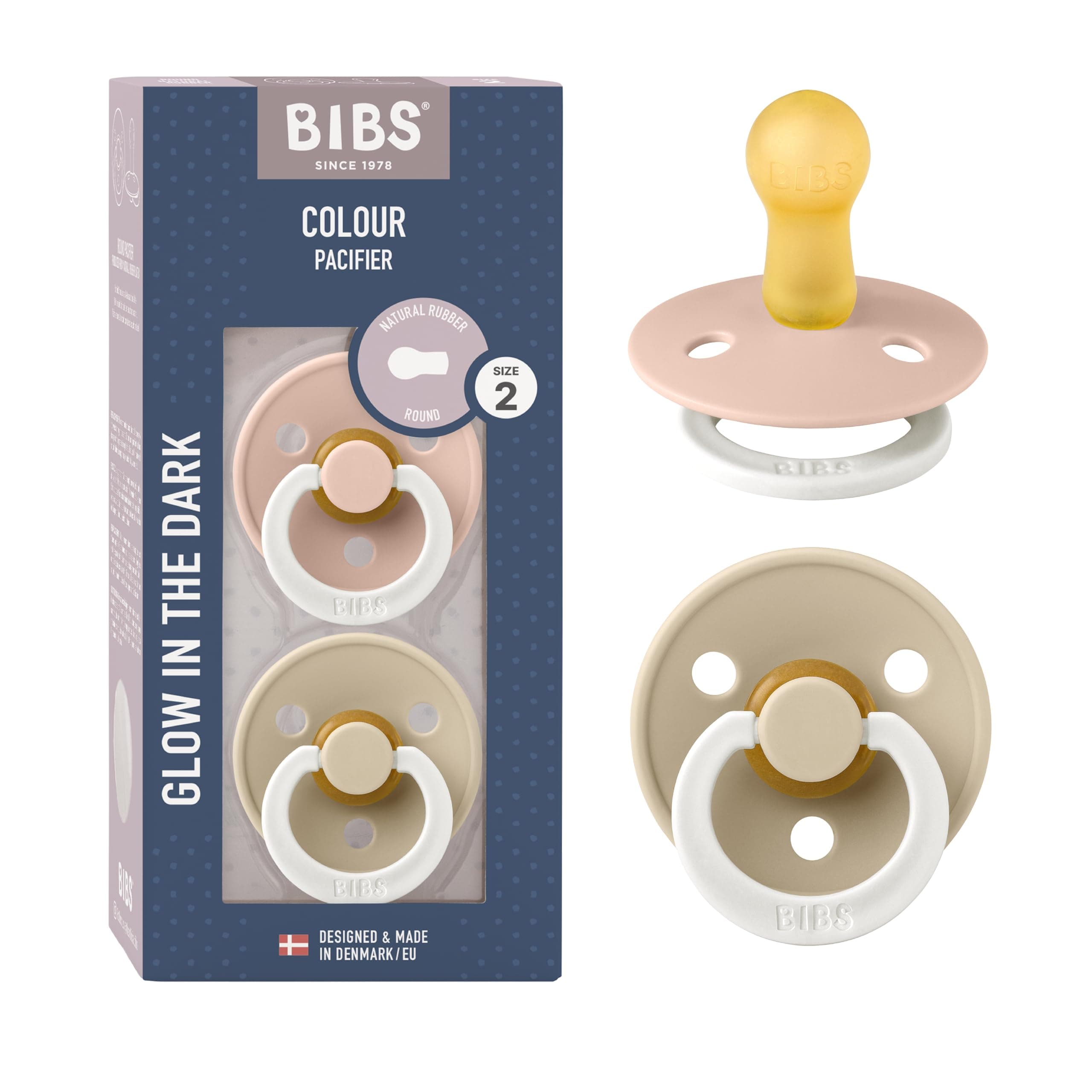 BIBS Colour Glow Soother 2-Pack, Glow in The Dark BPA Free Dummy Pacifier, Round Natural Rubber Latex, Size 2 (6-18 Months), Blush Night/Vanilla Night