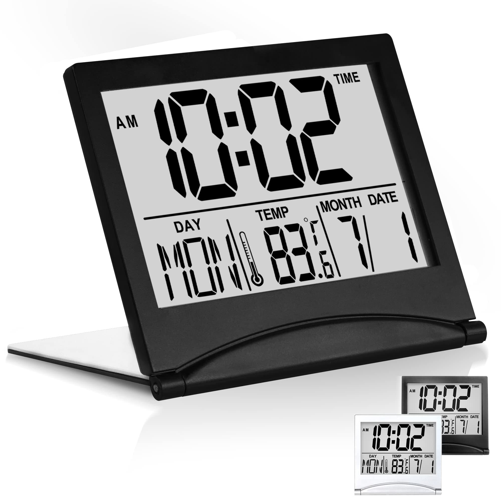Betus Digital Travel Alarm Clock – Foldable Calendar, Temperature & Timer with Snooze – Large Number Display, Battery Operated – Compact Desk Clock for Home & Office (Black)